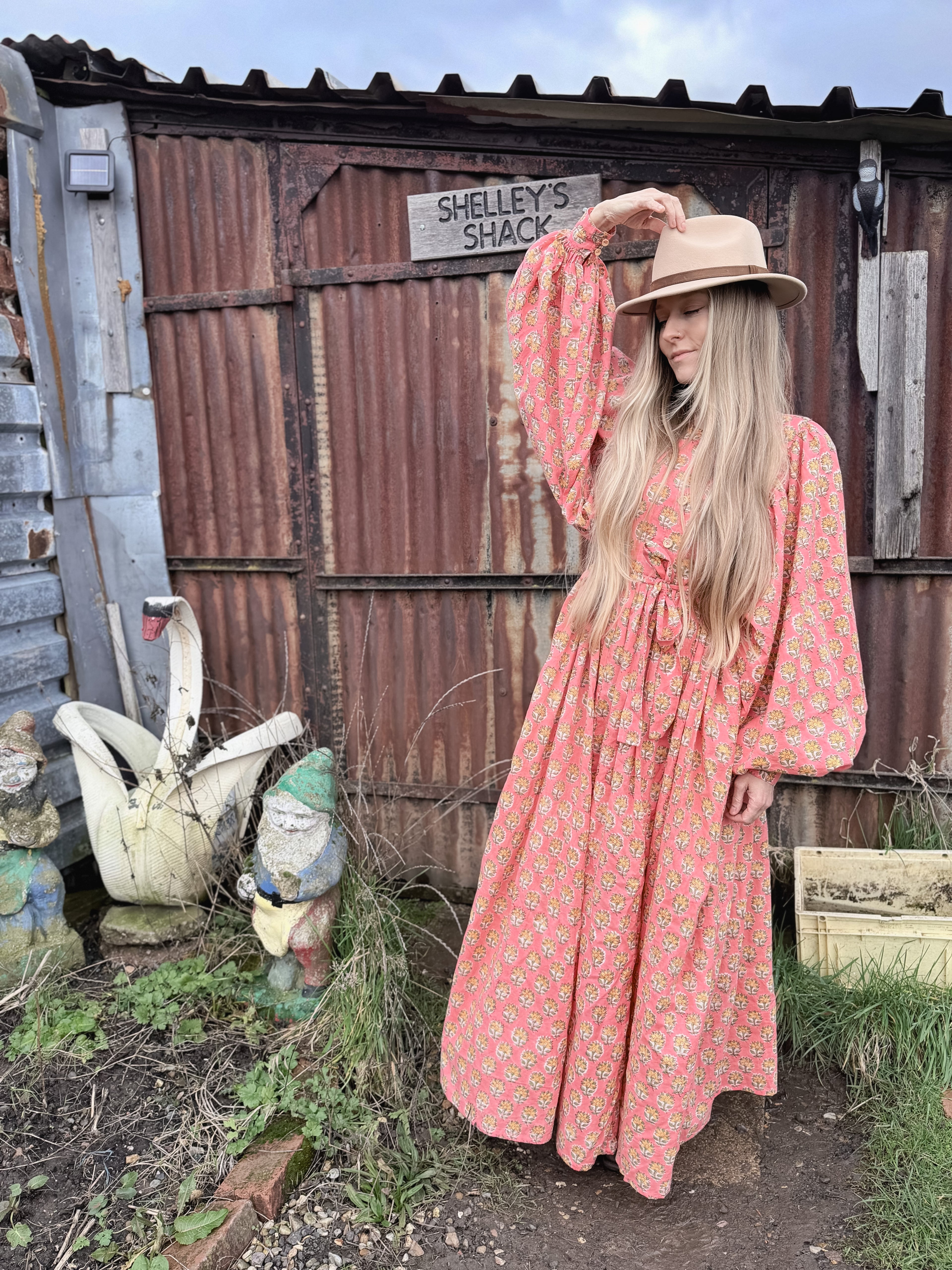 The Evangelina - Peach Daisies Block Print Dress