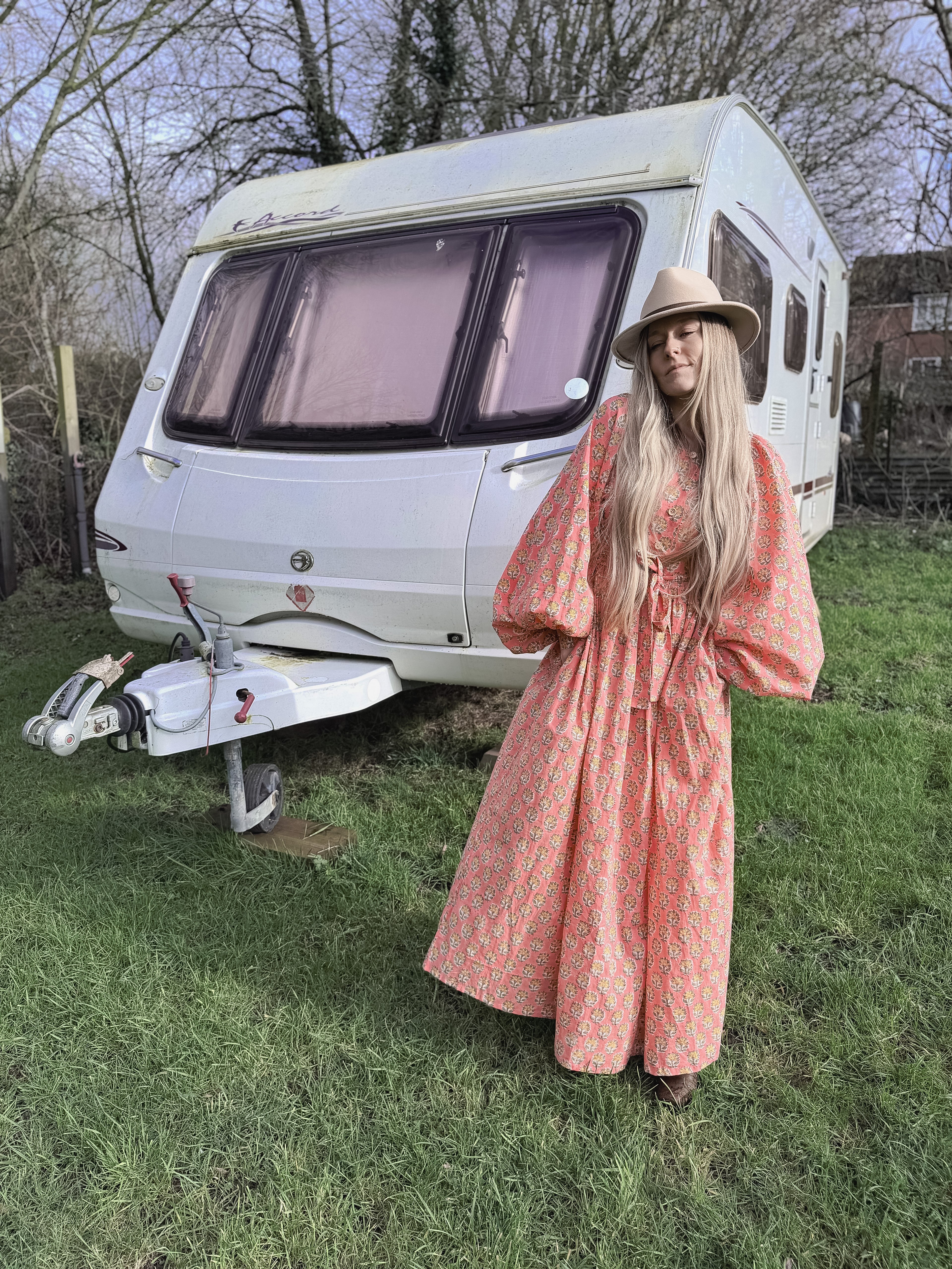 The Evangelina - Peach Daisies Block Print Dress