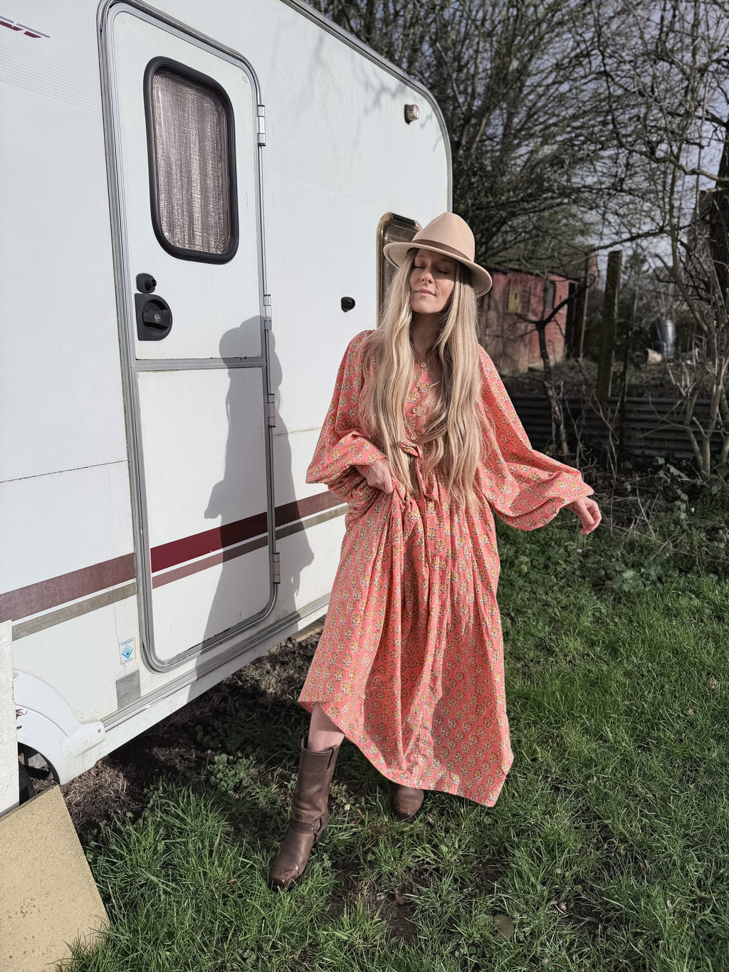 The Evangelina - Peach Daisies Block Print Dress