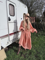 The Evangelina - Peach Daisies Block Print Dress