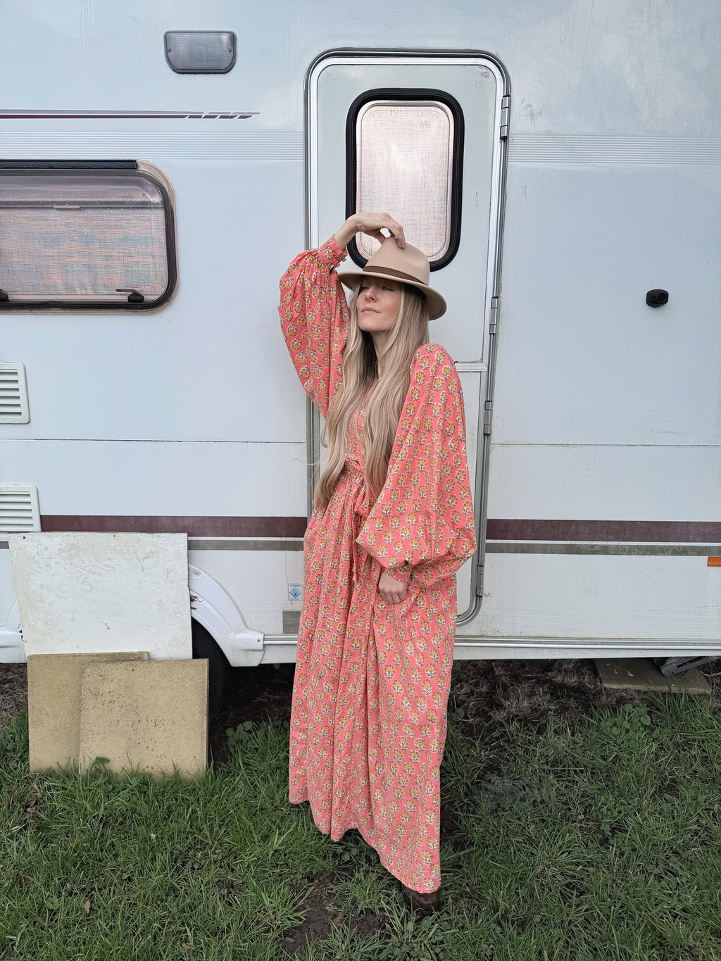 The Evangelina - Peach Daisies Block Print Dress