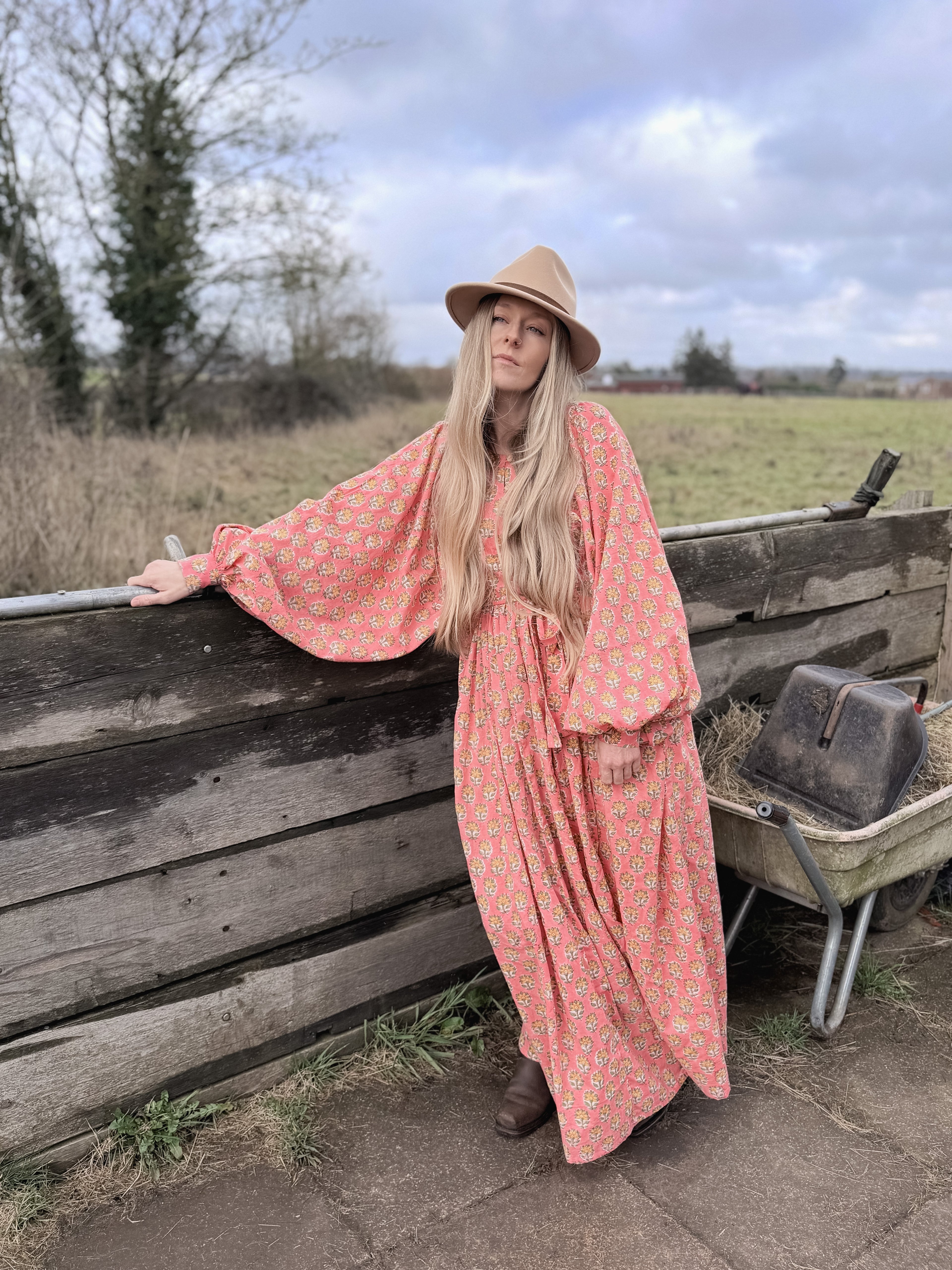 The Evangelina - Peach Daisies Block Print Dress