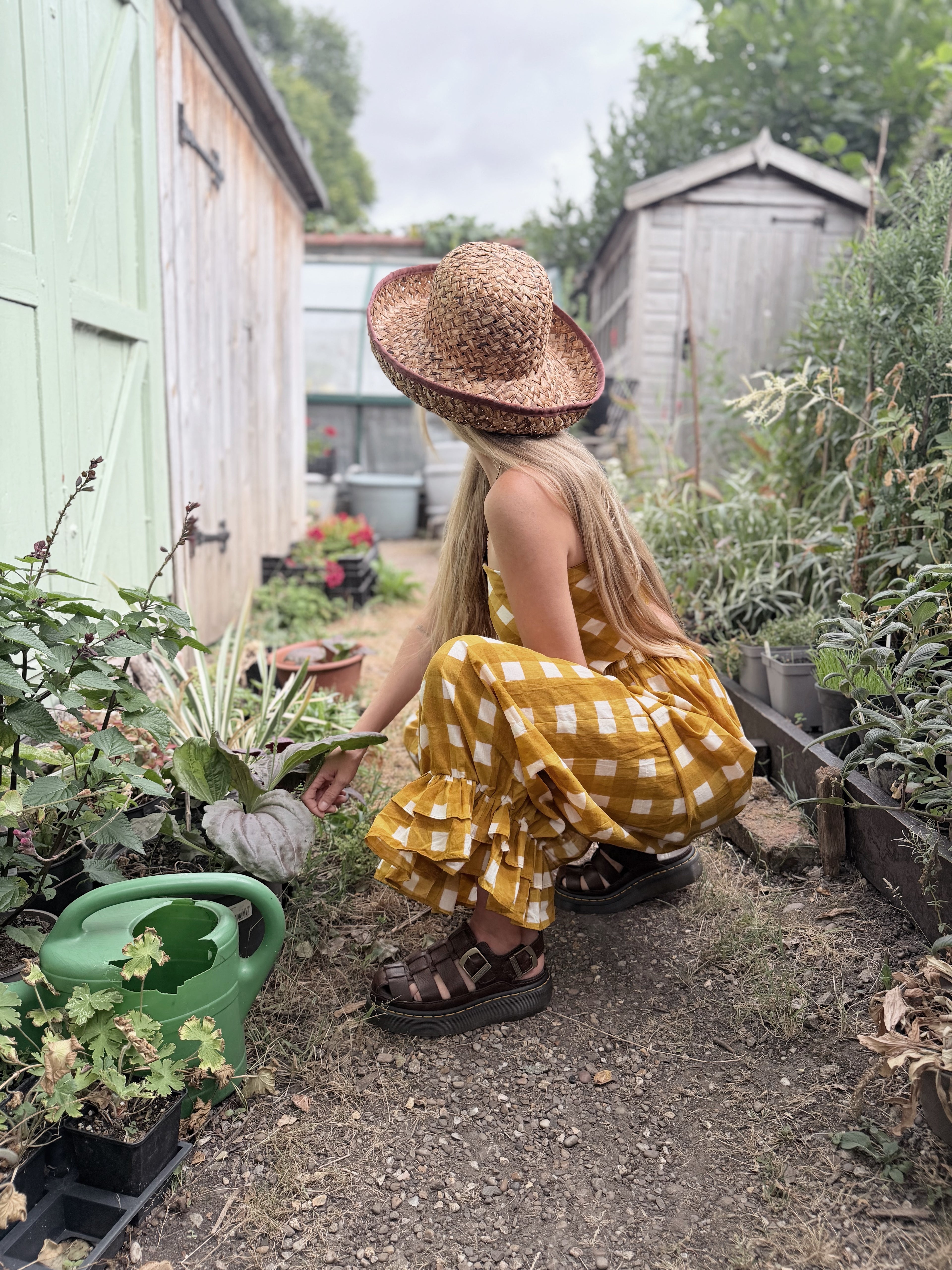 Pre-Order – The Beatrice Block Printed Cotton Scarf Top in Mustard Yellow Gingham