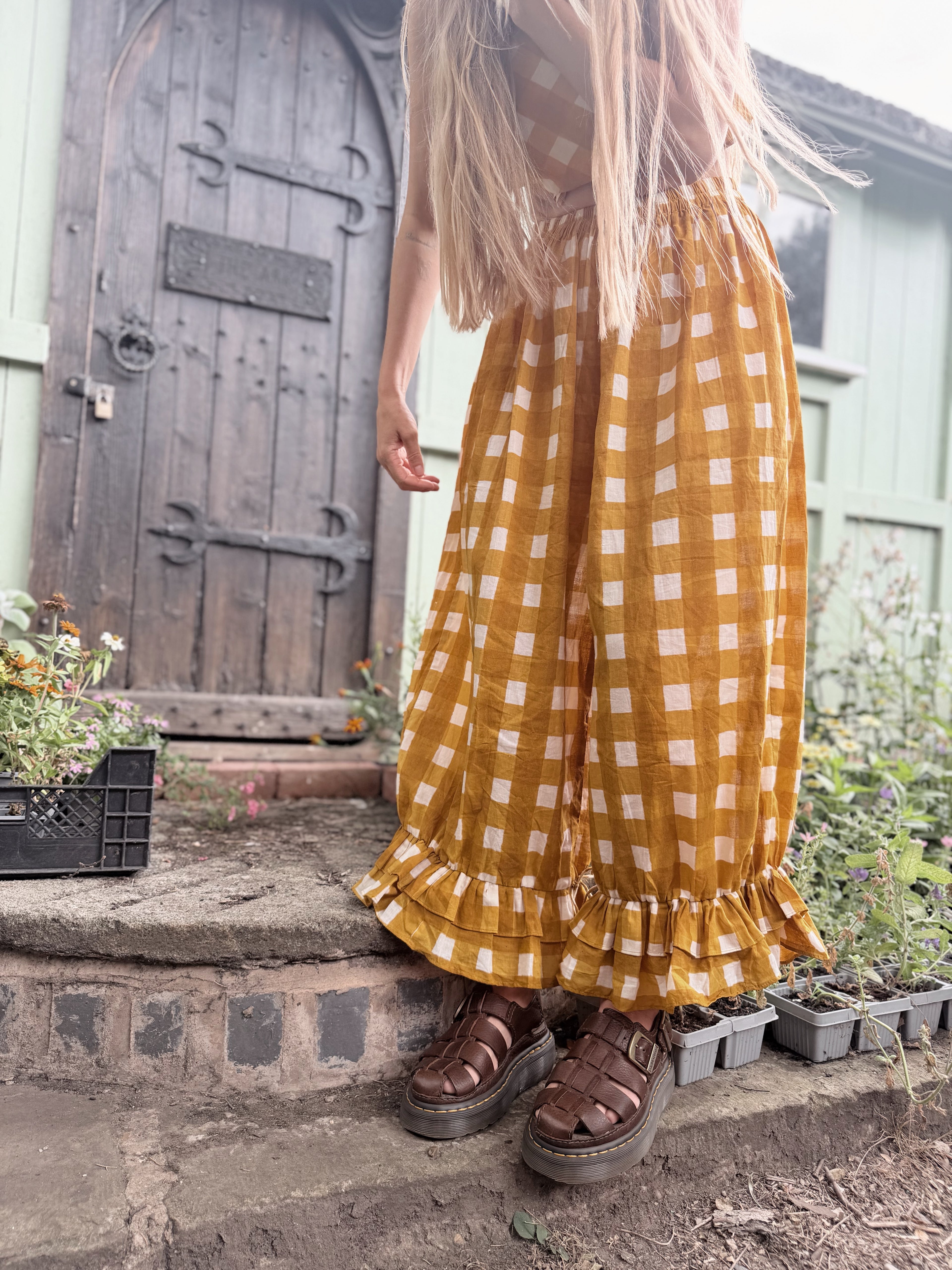 Pre Order – The Beatrice Block Printed Bloomers in Mustard Yellow Gingham