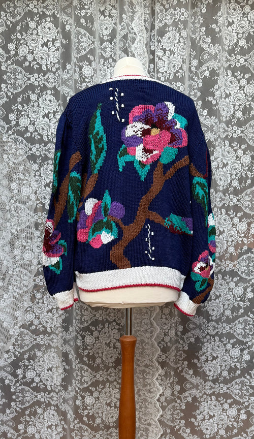 Artful Knit: Vintage Berek Hand-Knitted 1980s Floral Cardigan