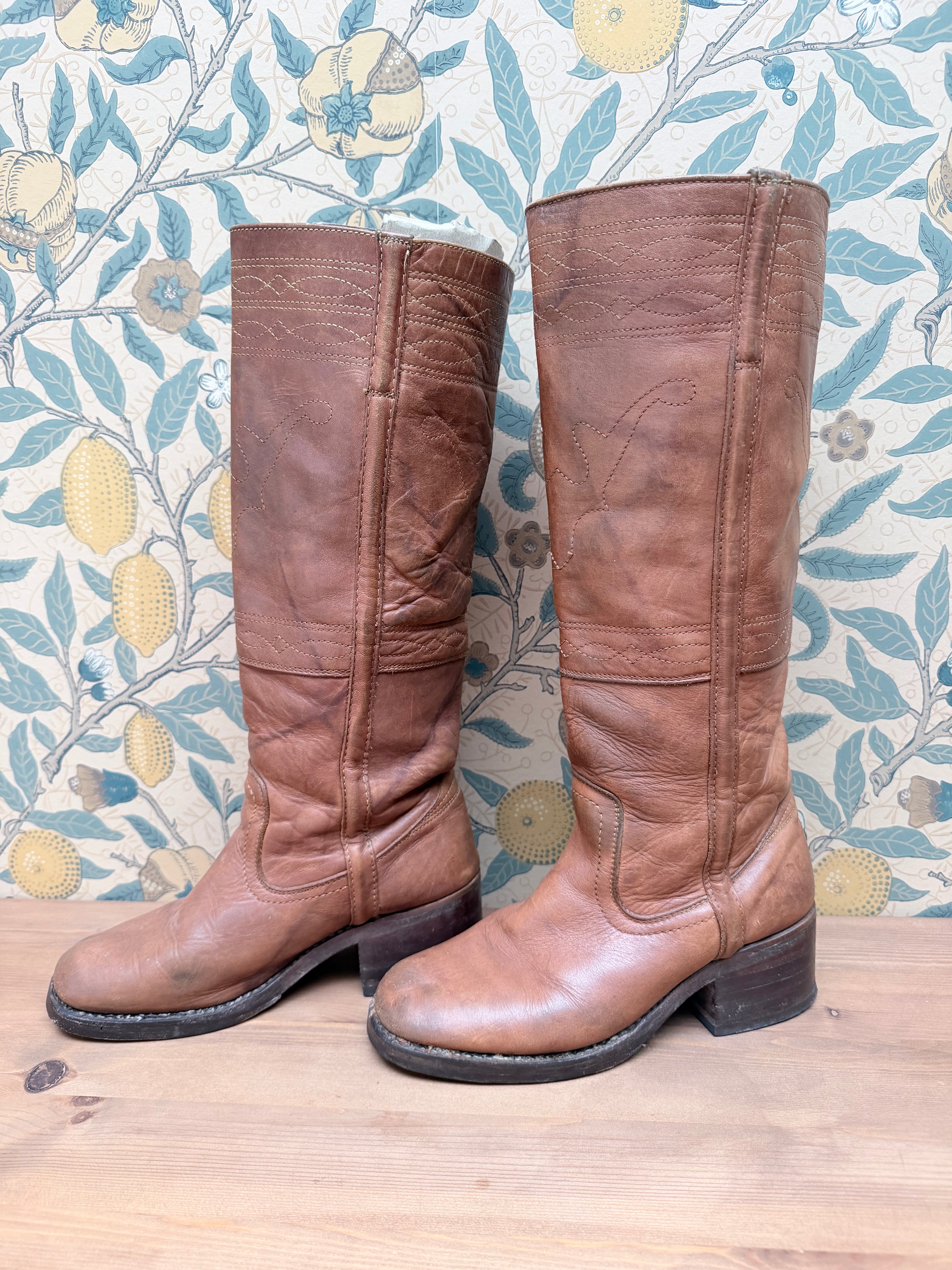 The Hazels: Vintage 1970s Tan Frye Boots with Embroidery