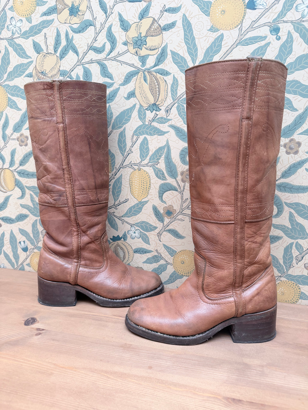 The Hazels: Vintage 1970s Tan Frye Boots with Embroidery