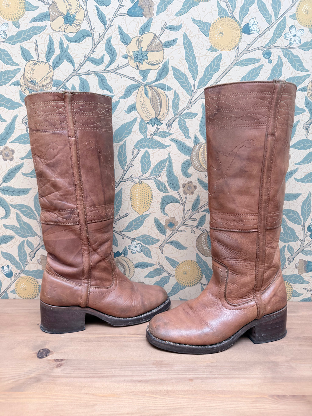The Hazels: Vintage 1970s Tan Frye Boots with Embroidery