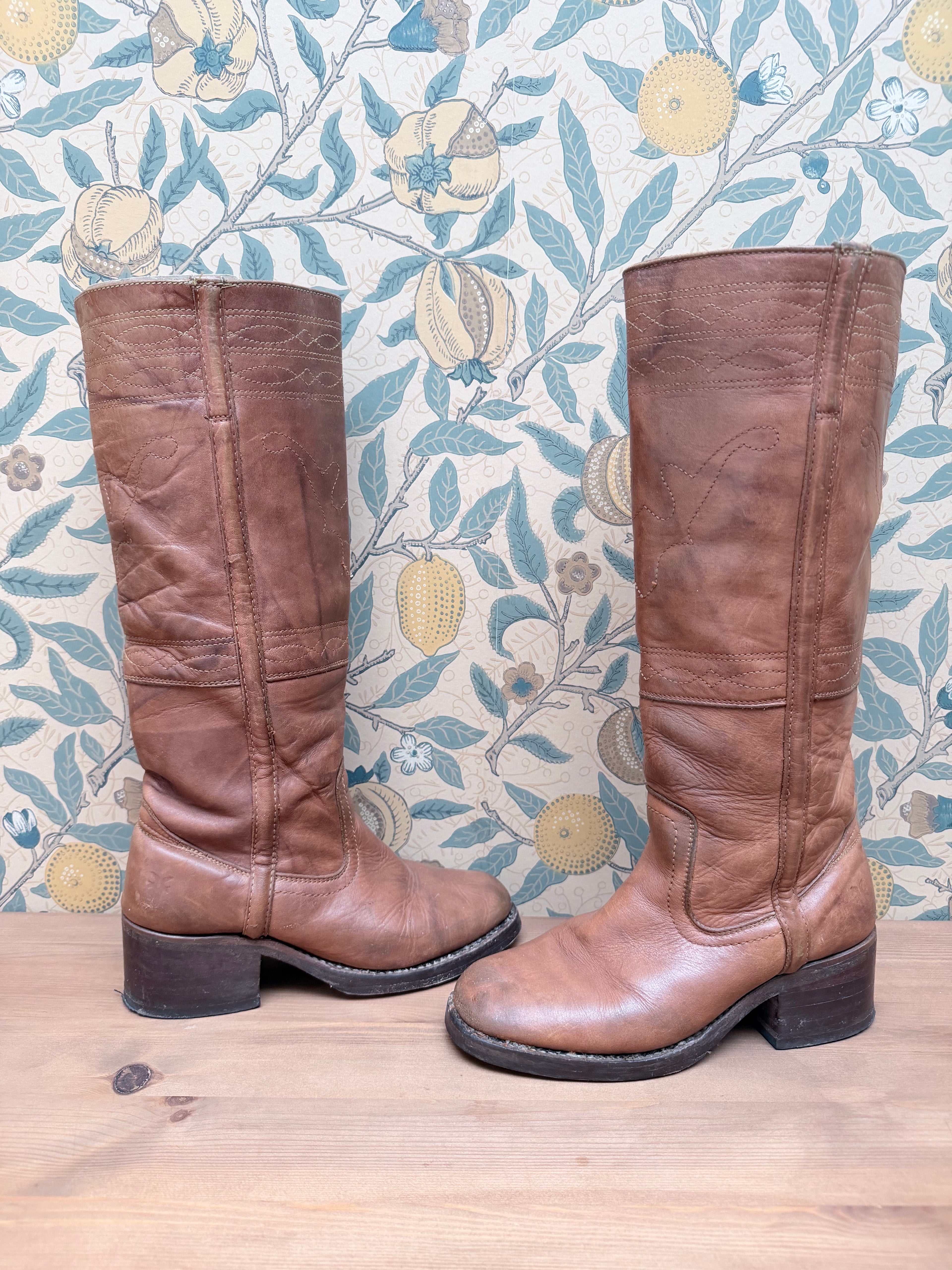 The Hazels: Vintage 1970s Tan Frye Boots with Embroidery