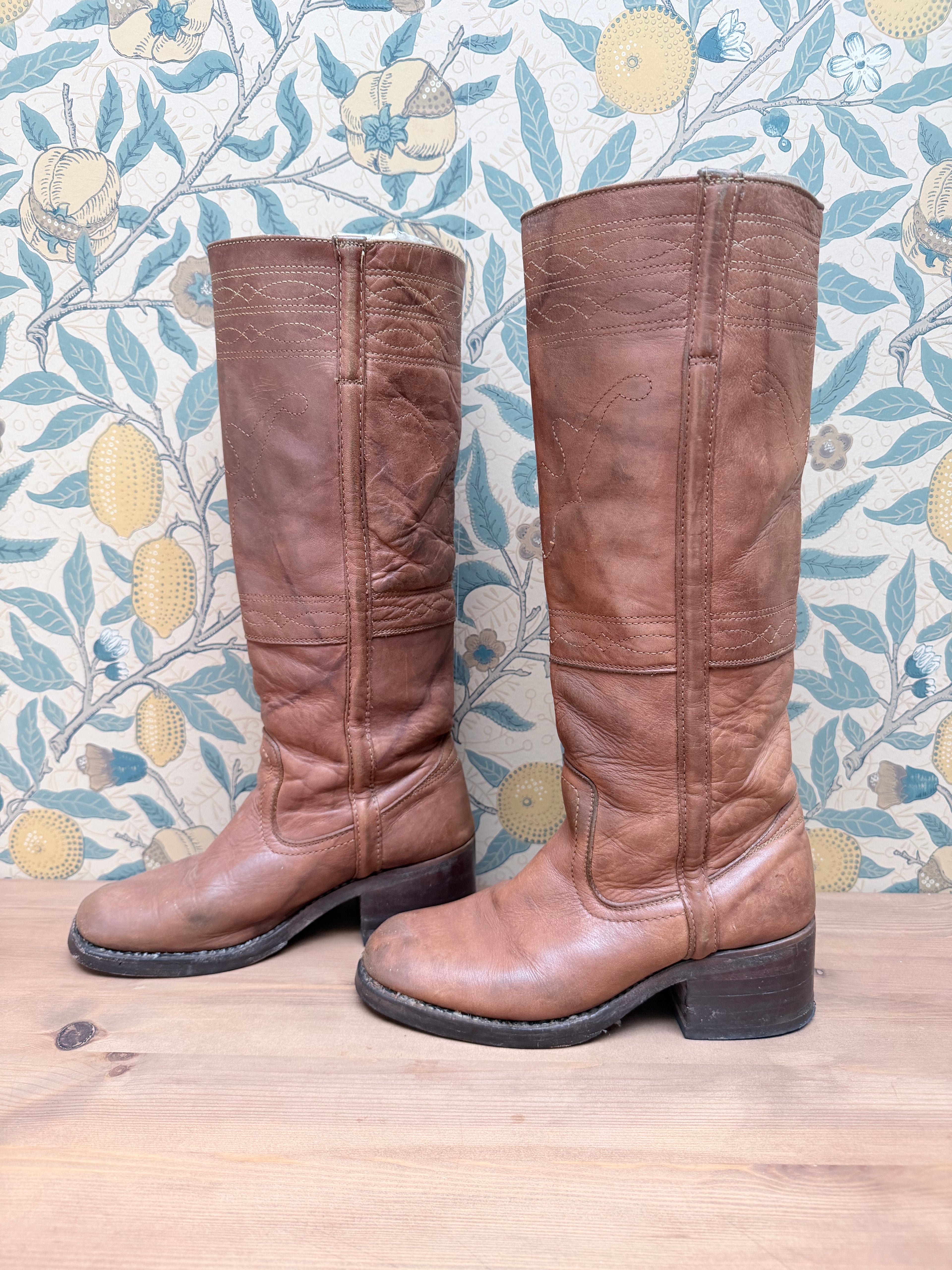 The Hazels: Vintage 1970s Tan Frye Boots with Embroidery