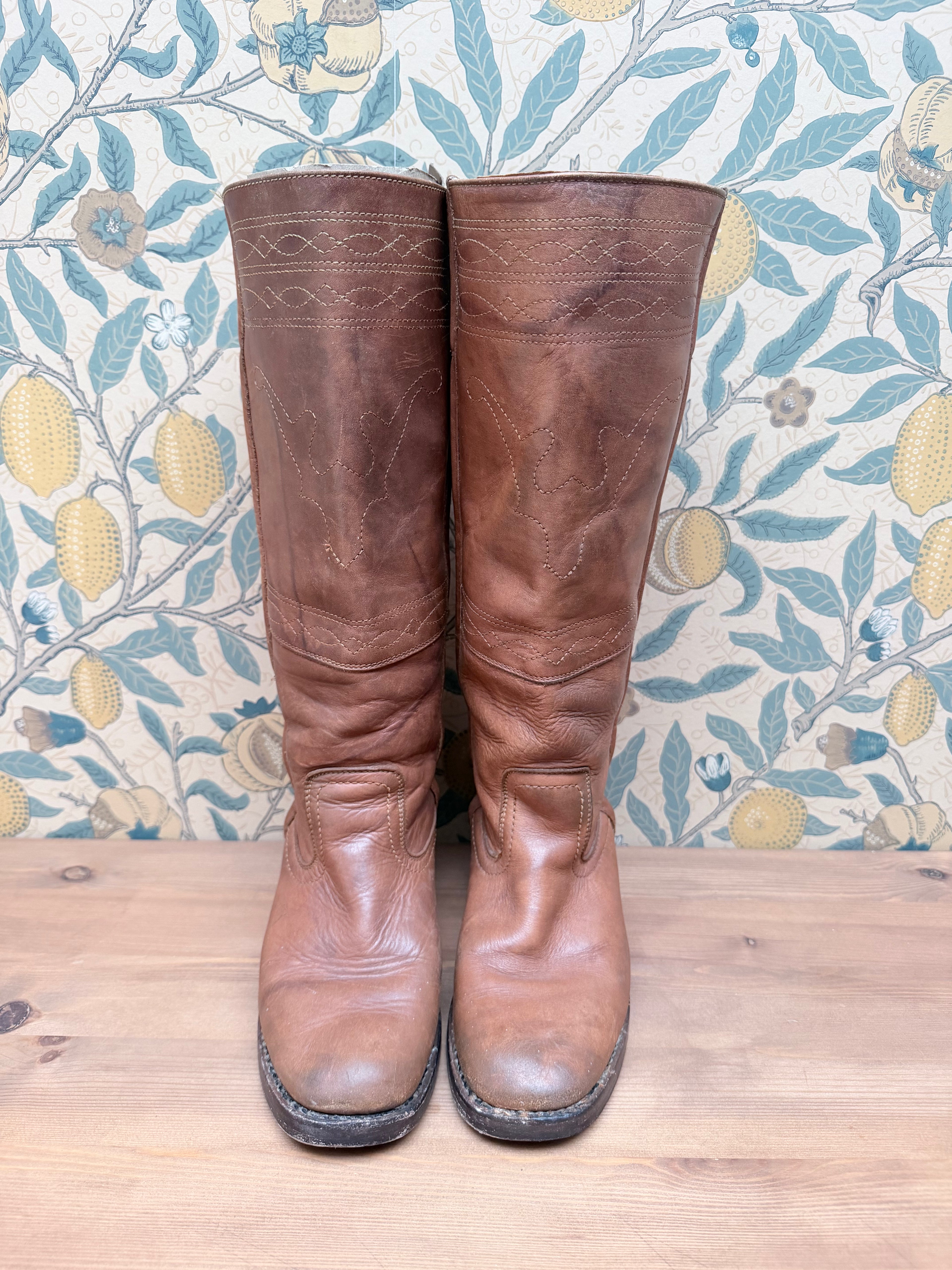 The Hazels: Vintage 1970s Tan Frye Boots with Embroidery