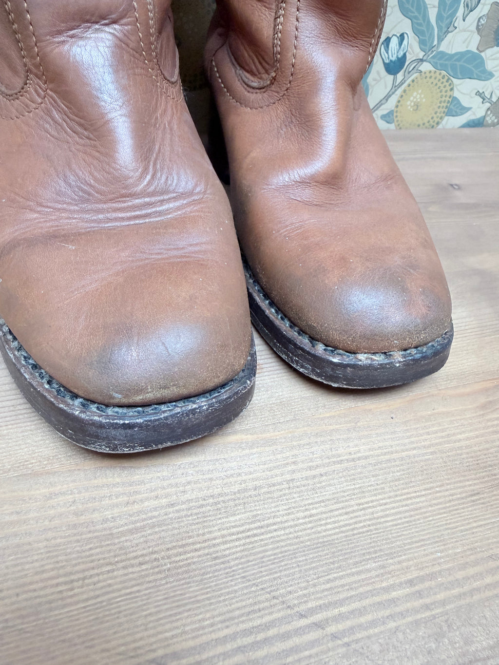 The Hazels: Vintage 1970s Tan Frye Boots with Embroidery