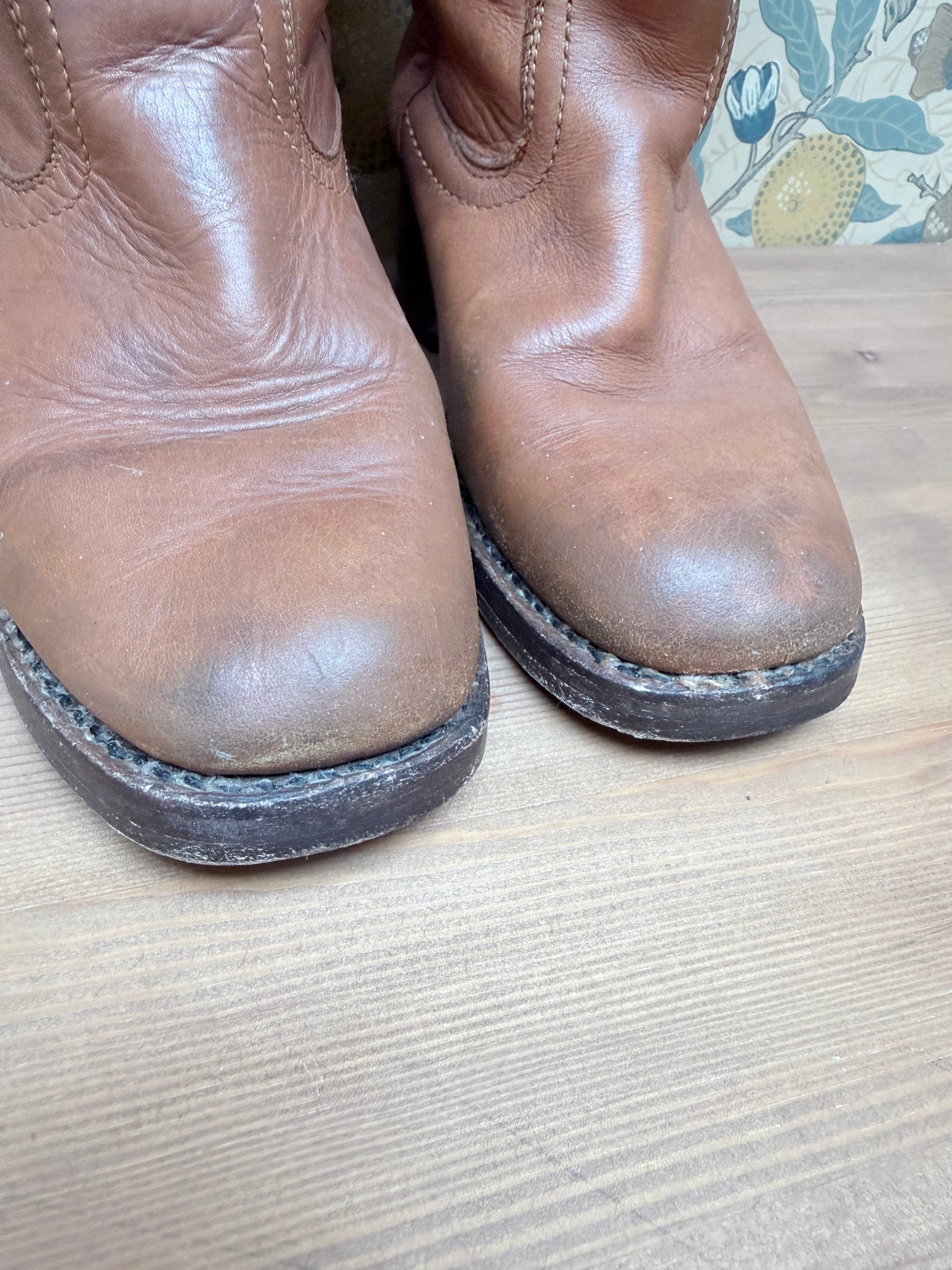 The Hazels: Vintage 1970s Tan Frye Boots with Embroidery