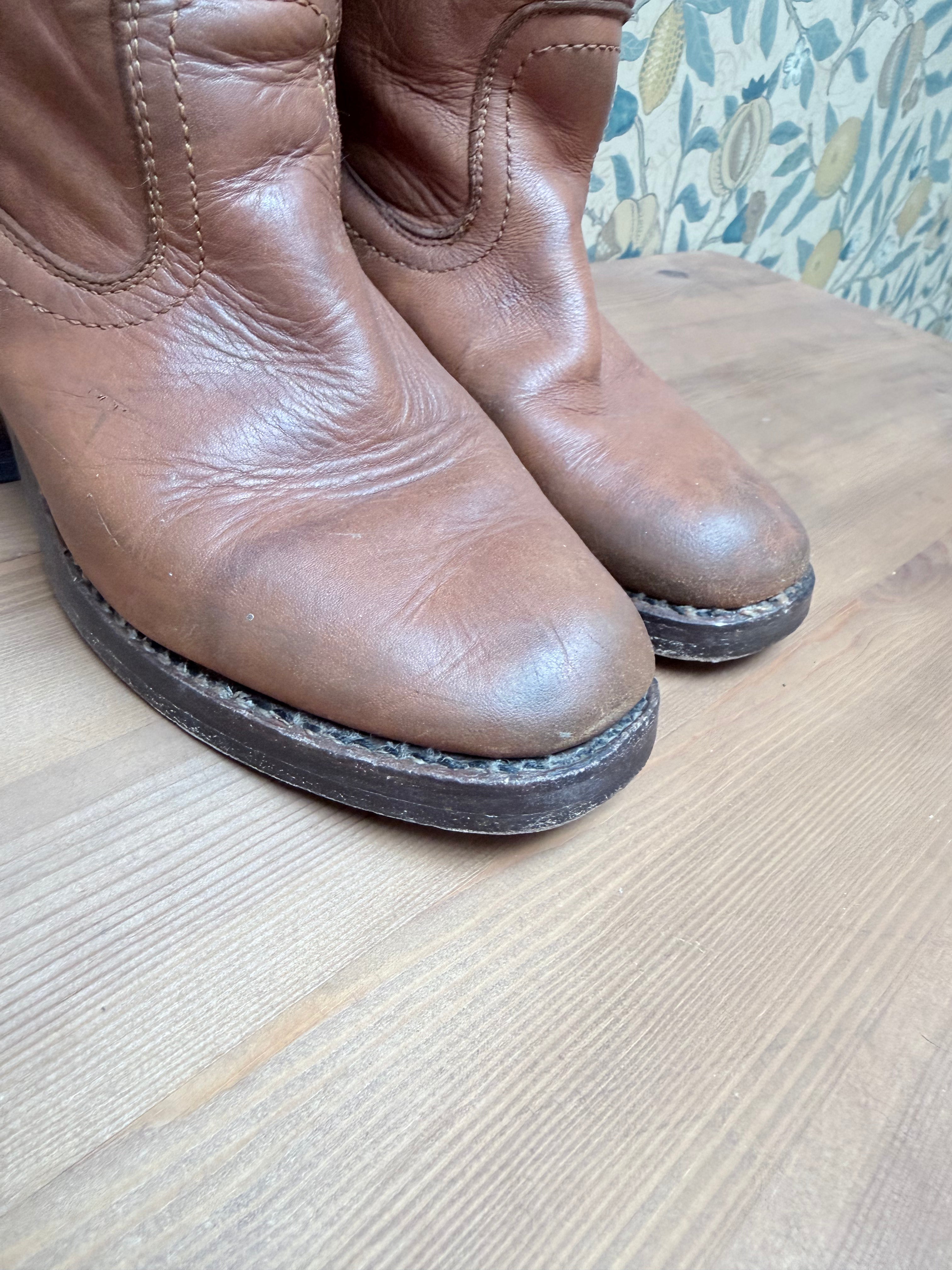 The Hazels: Vintage 1970s Tan Frye Boots with Embroidery