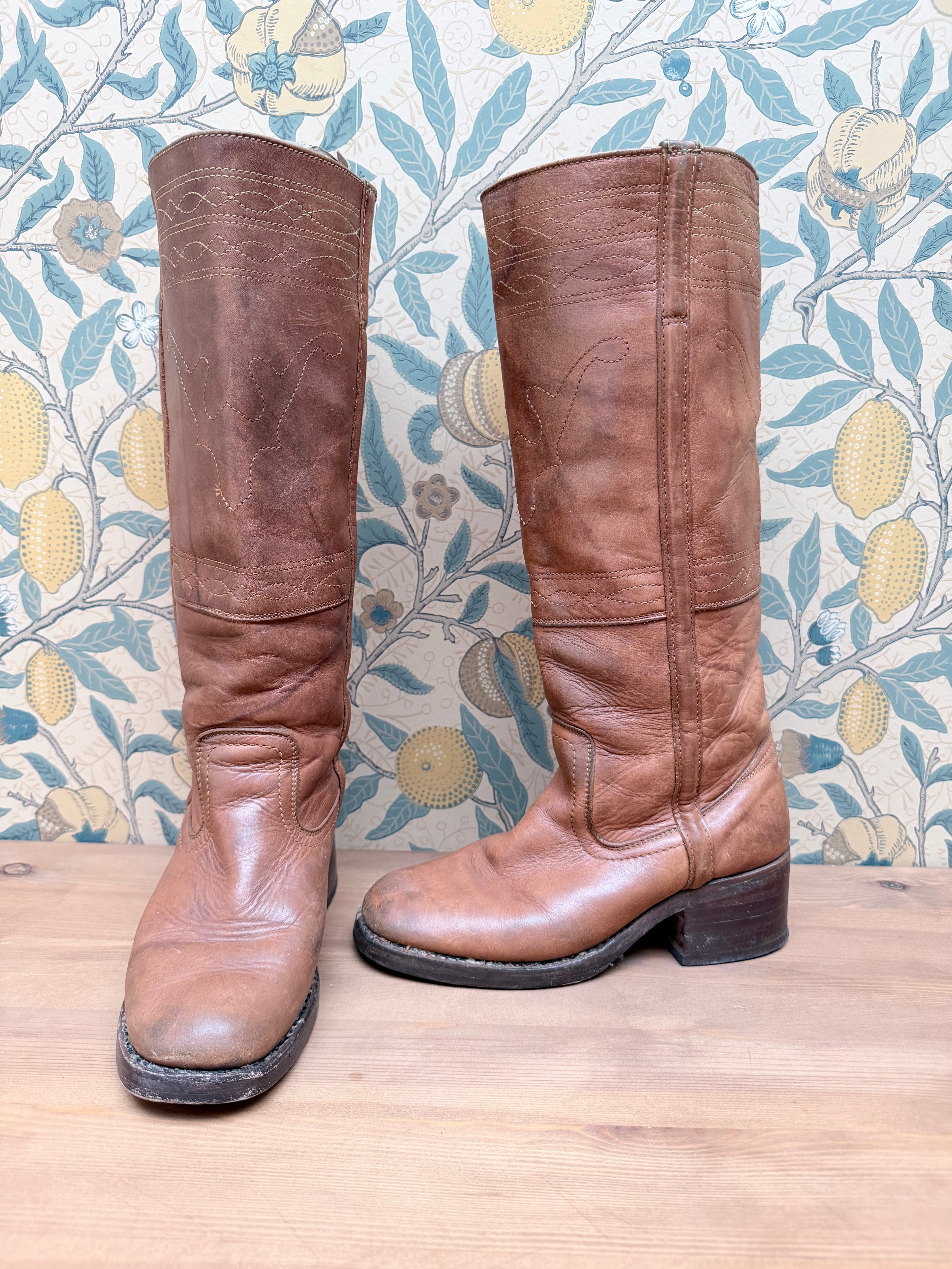 The Hazels: Vintage 1970s Tan Frye Boots with Embroidery