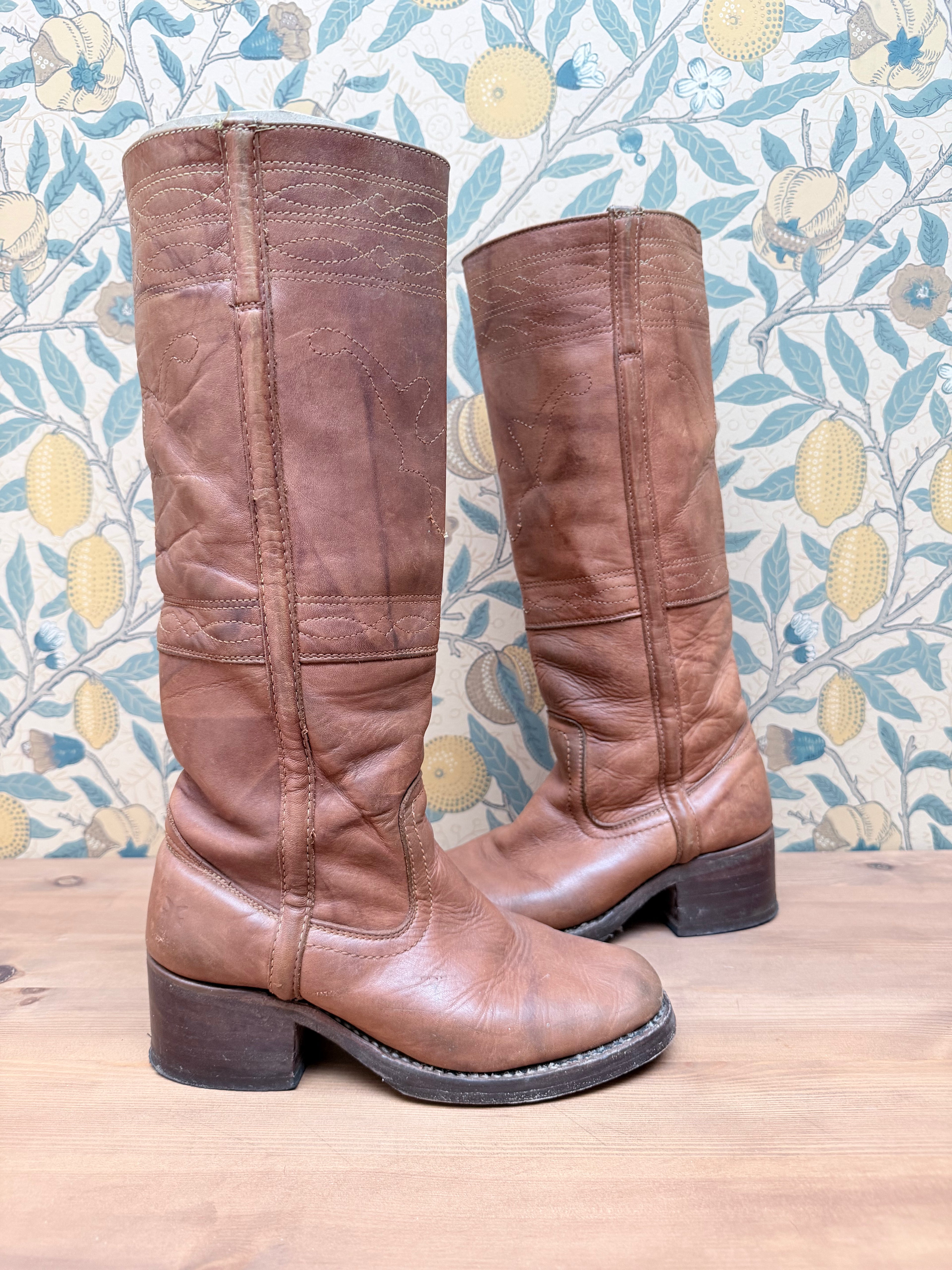 The Hazels: Vintage 1970s Tan Frye Boots with Embroidery