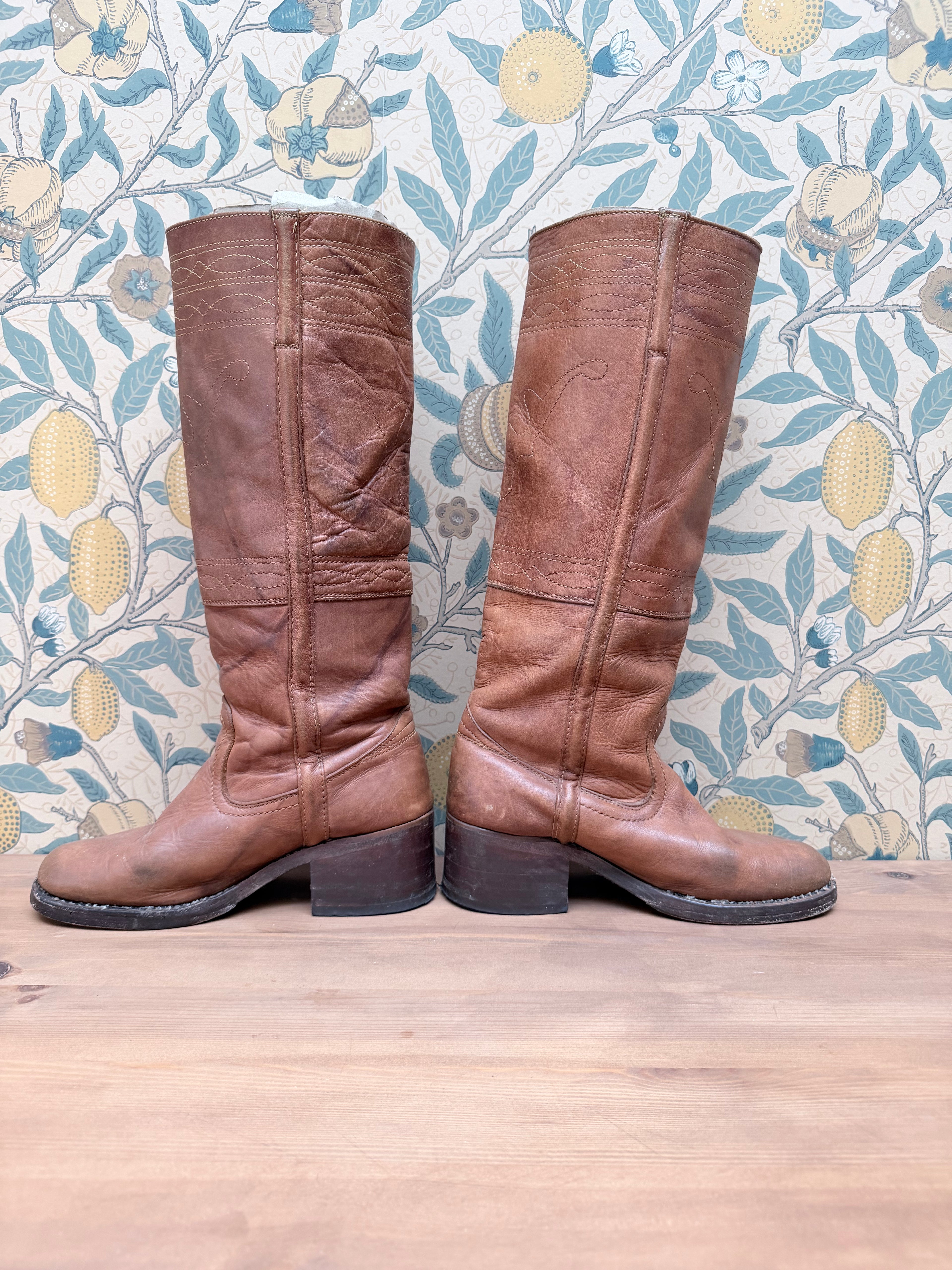 The Hazels: Vintage 1970s Tan Frye Boots with Embroidery