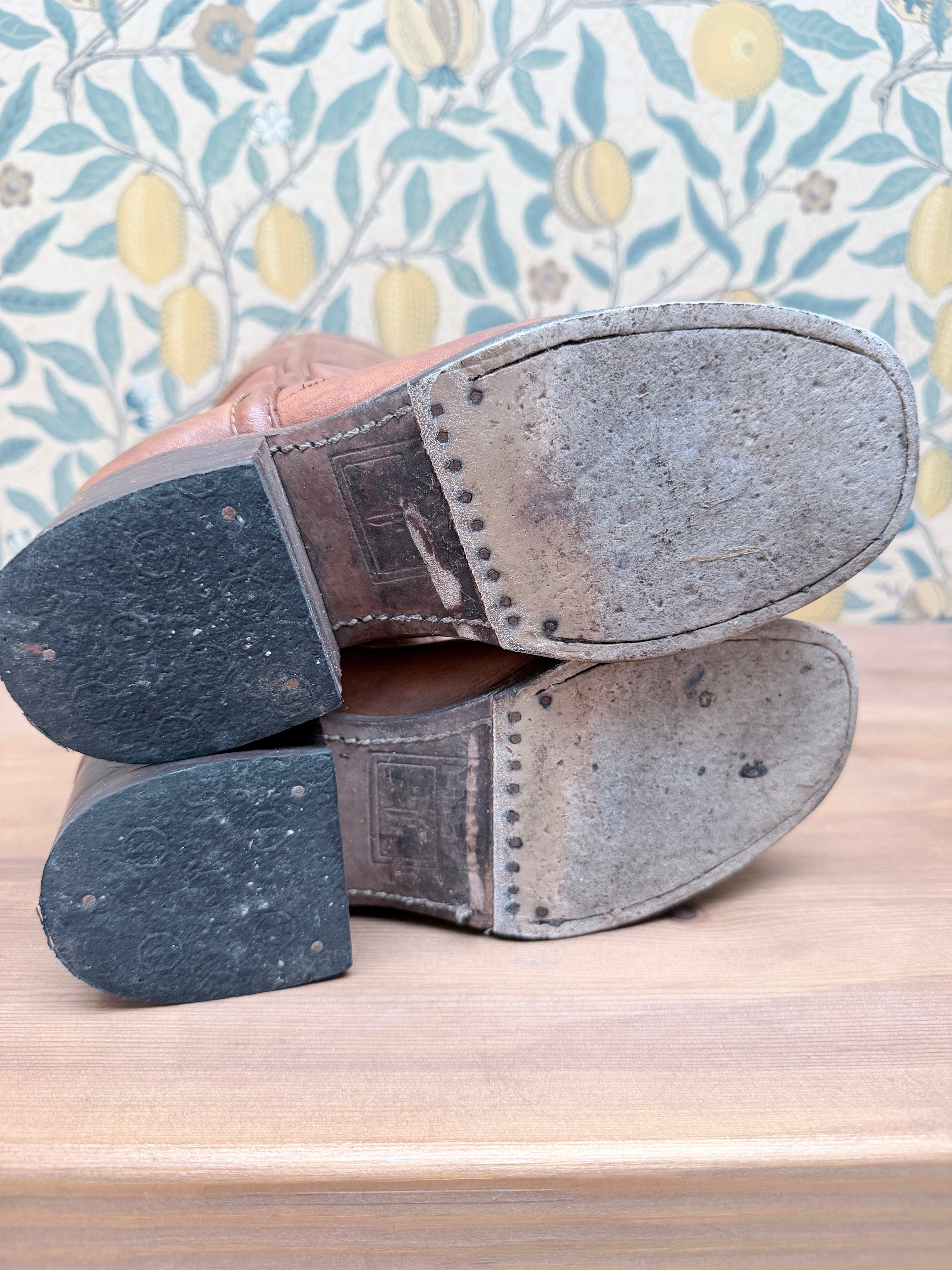 The Hazels: Vintage 1970s Tan Frye Boots with Embroidery