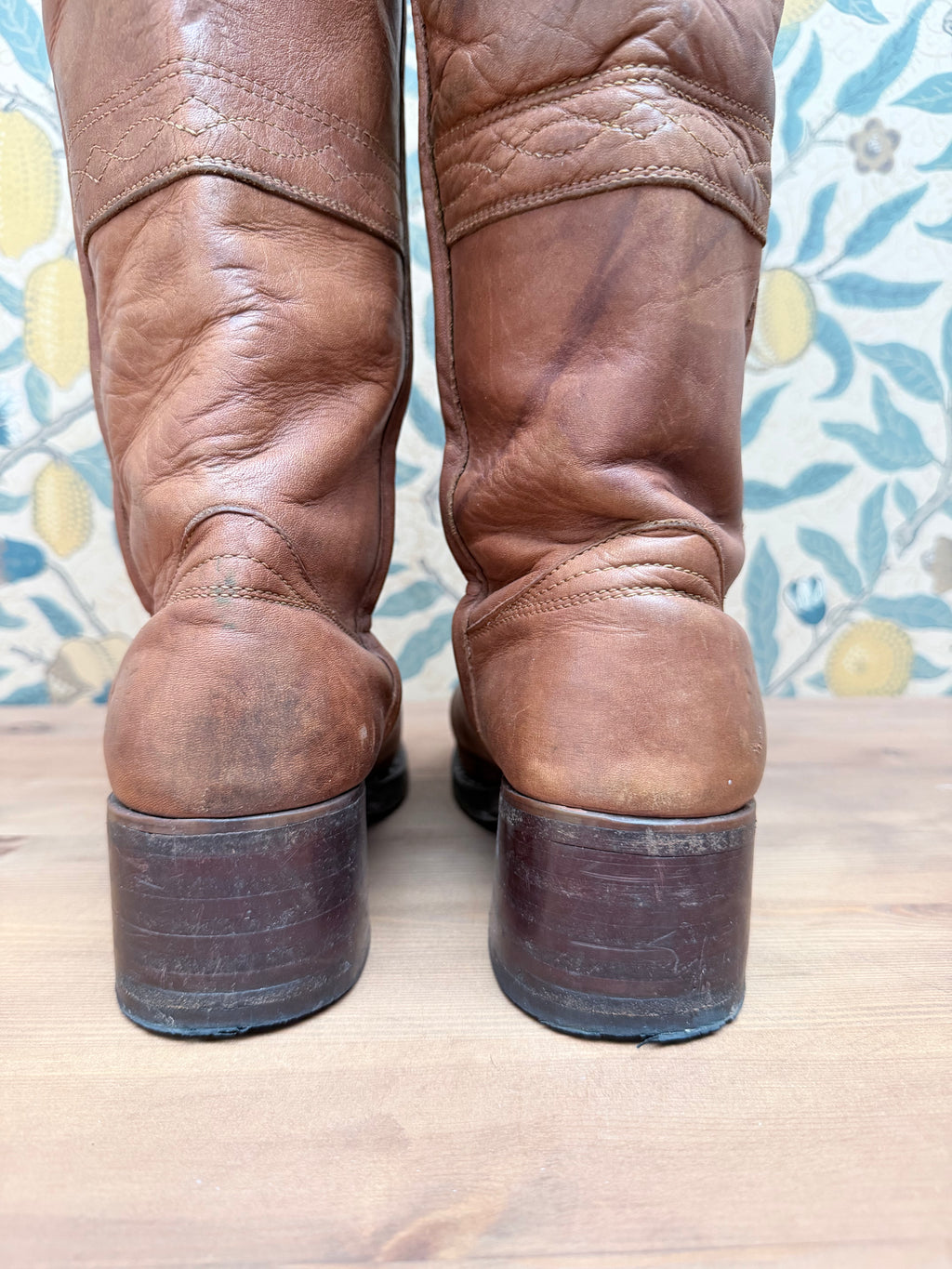 The Hazels: Vintage 1970s Tan Frye Boots with Embroidery