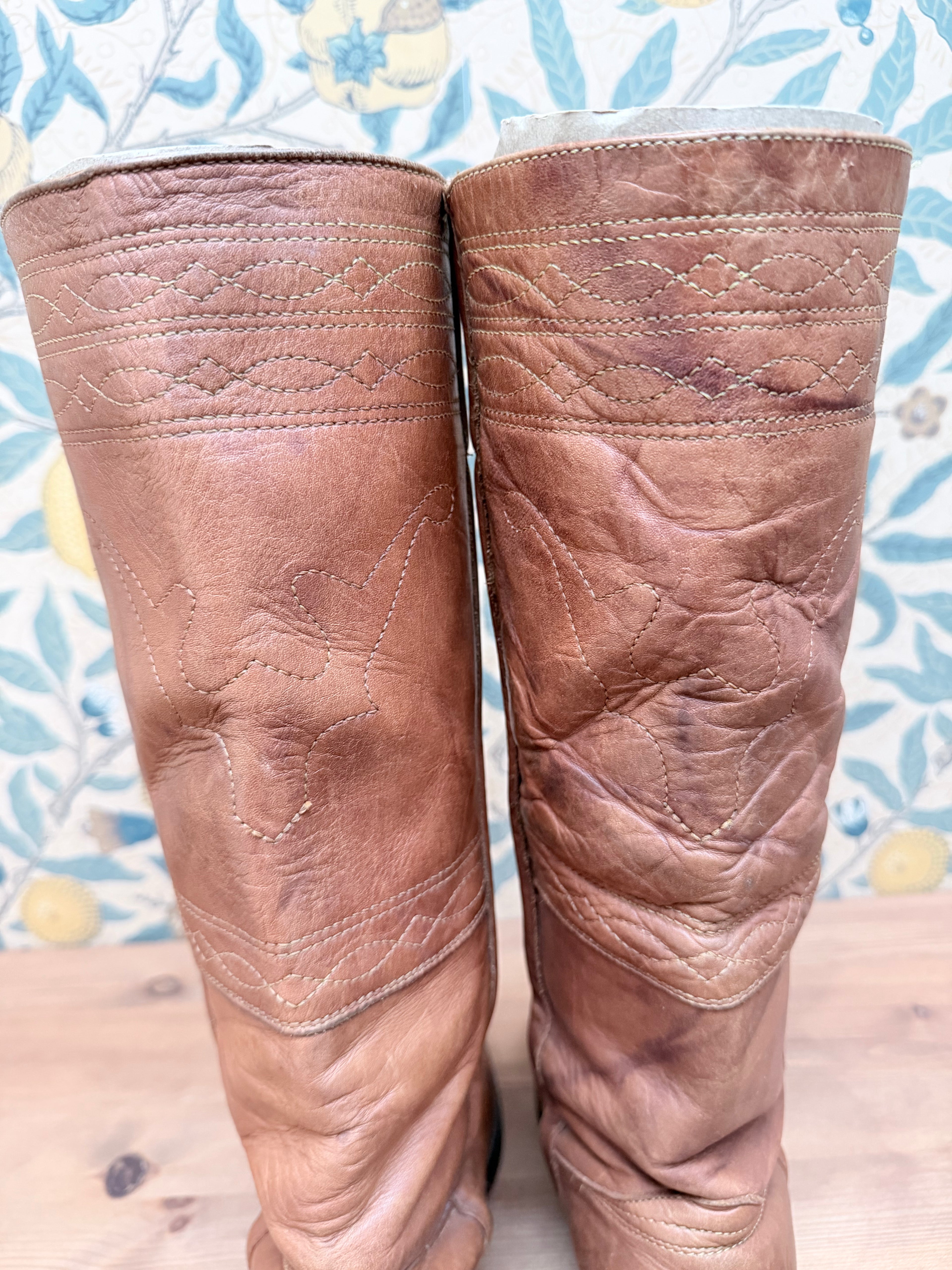 The Hazels: Vintage 1970s Tan Frye Boots with Embroidery
