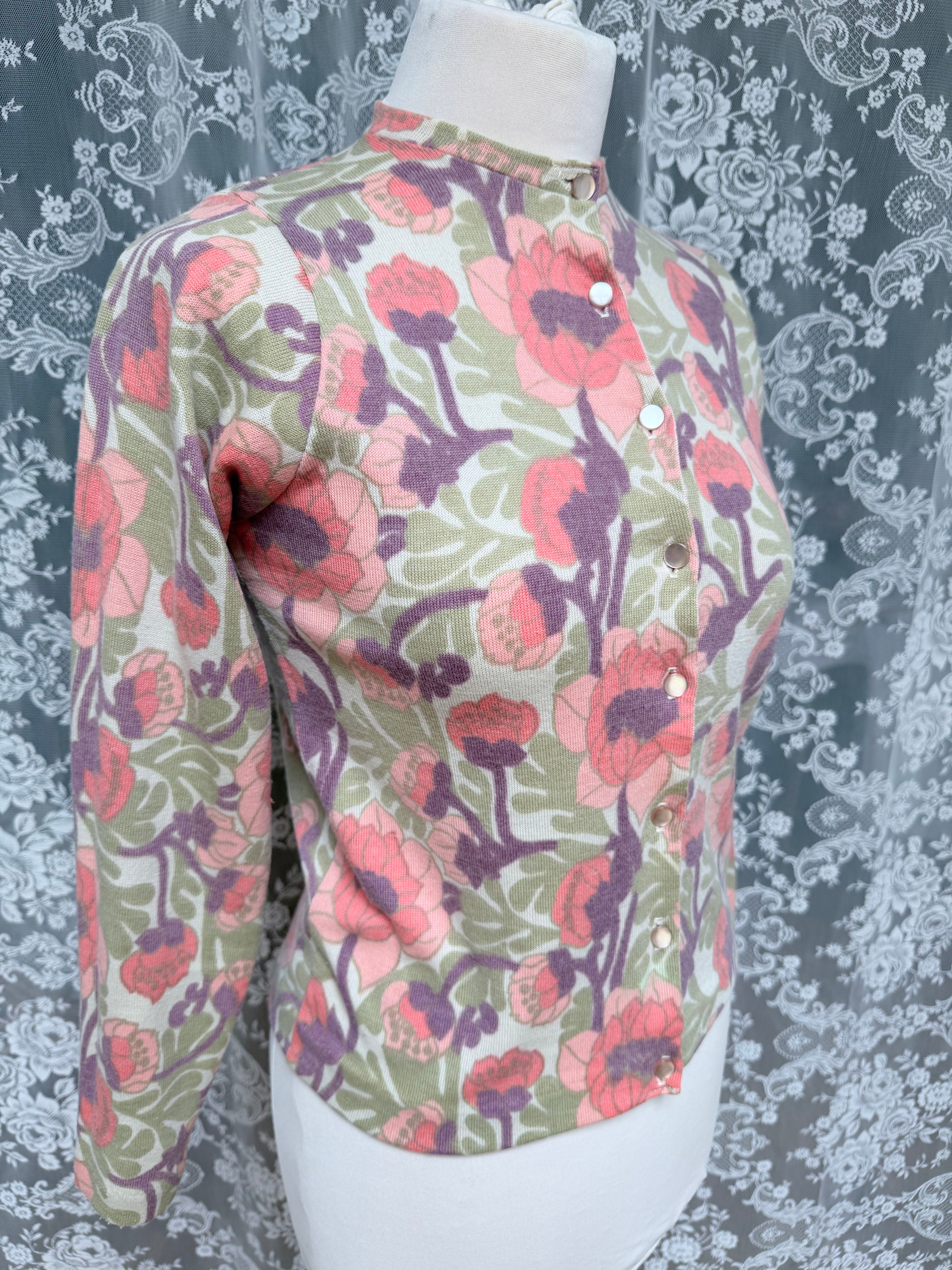 Vintage 1960s Handmade Floral Coral Cardigan