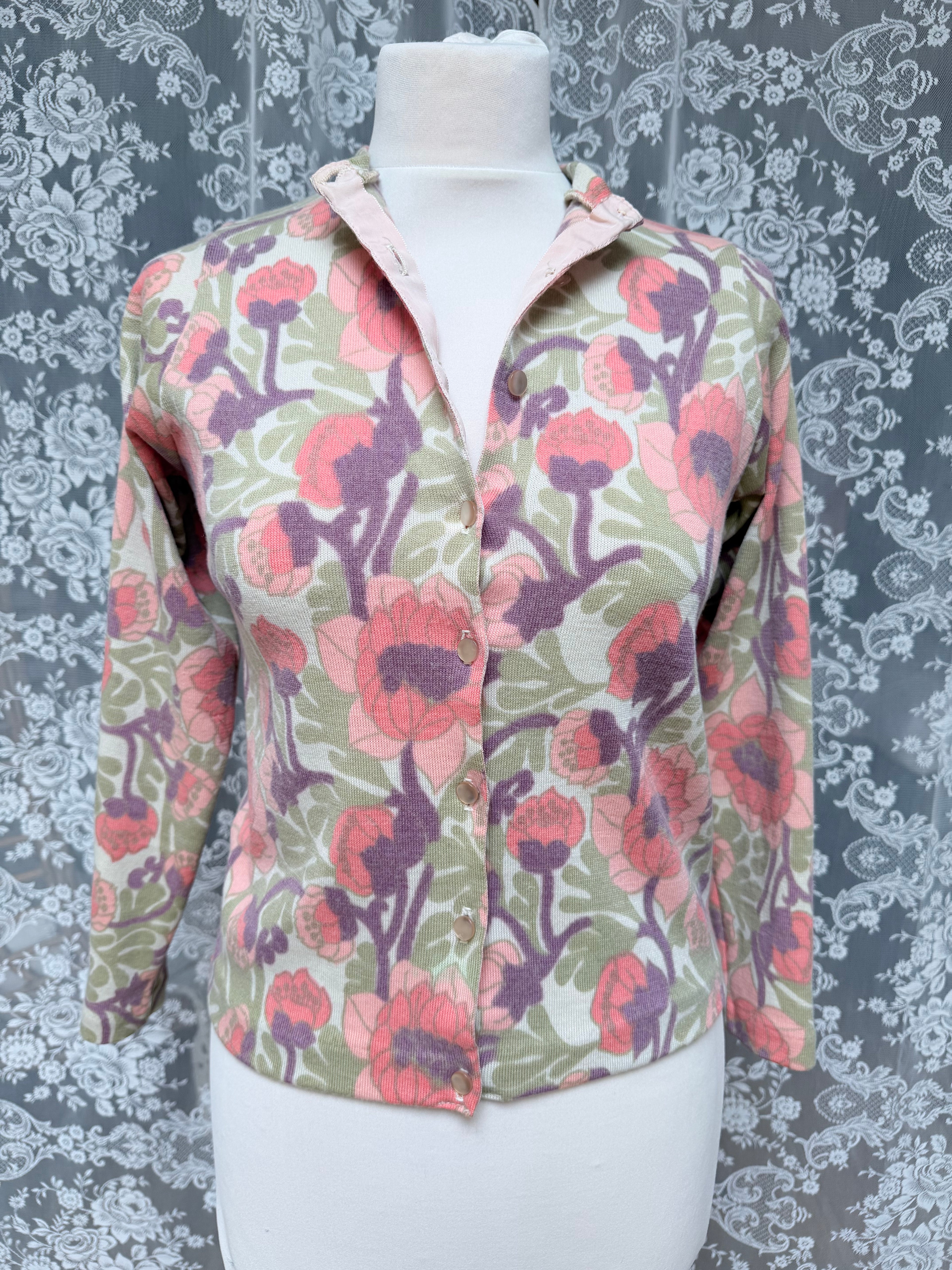 Vintage 1960s Handmade Floral Coral Cardigan