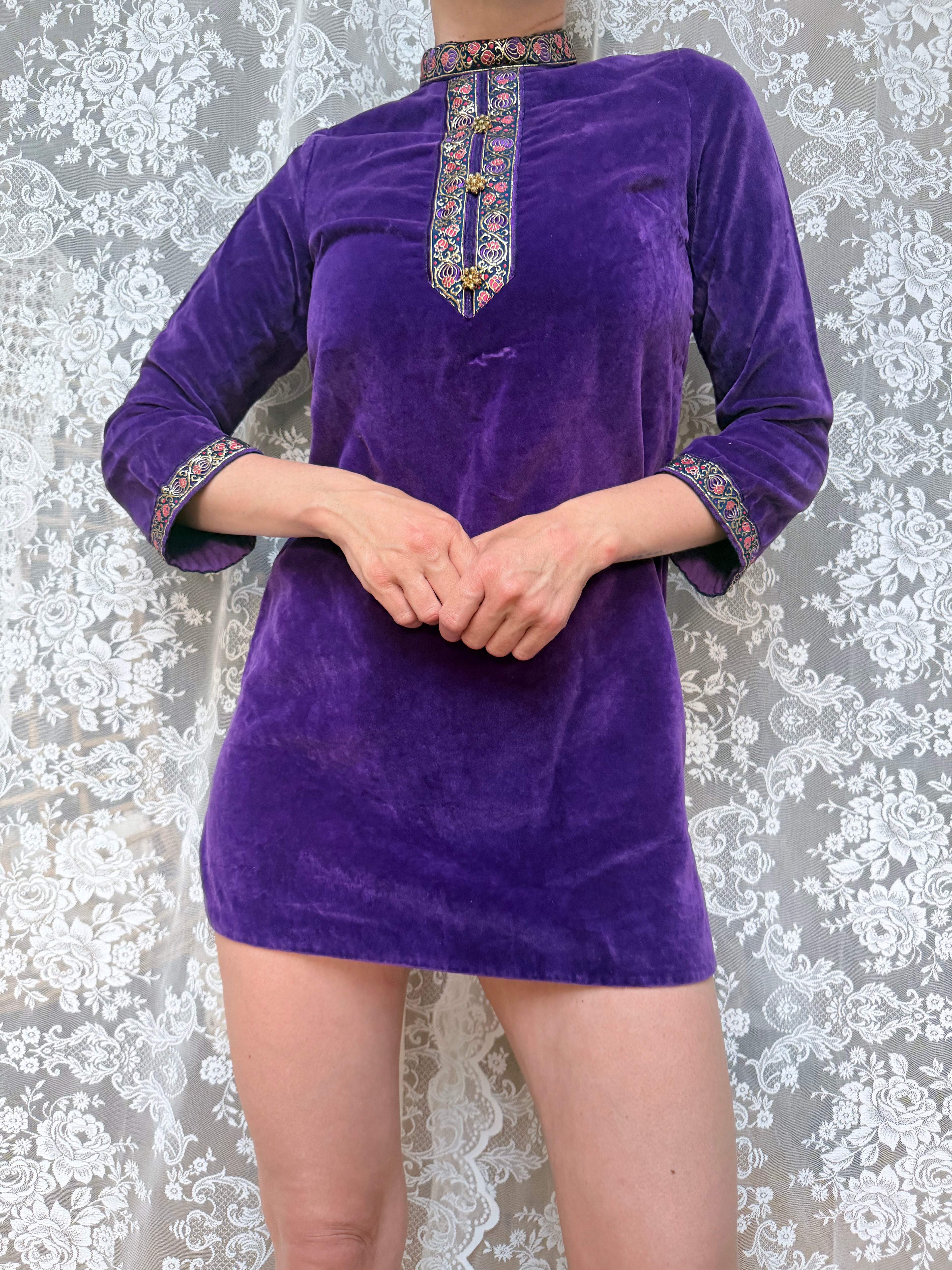 1960s Pop Chicks of London Purple Velvet Mini Dress & Trouser Set