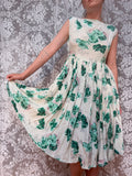 Vintage 1950s Handmade Green Floral Swing Dress