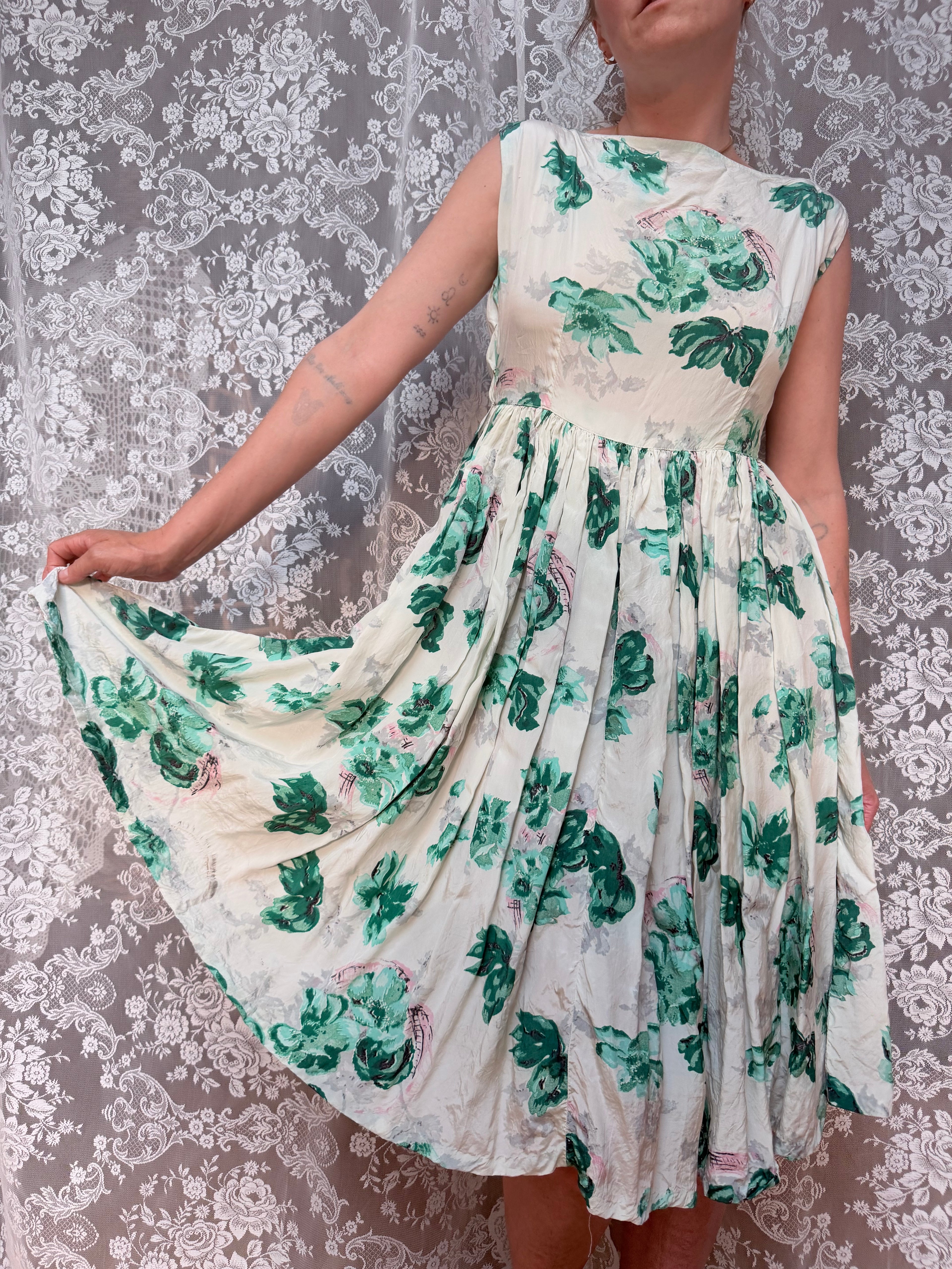 Vintage 1950s Handmade Green Floral Swing Dress