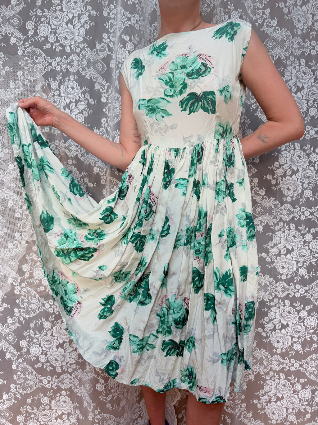 Vintage 1950s Handmade Green Floral Swing Dress
