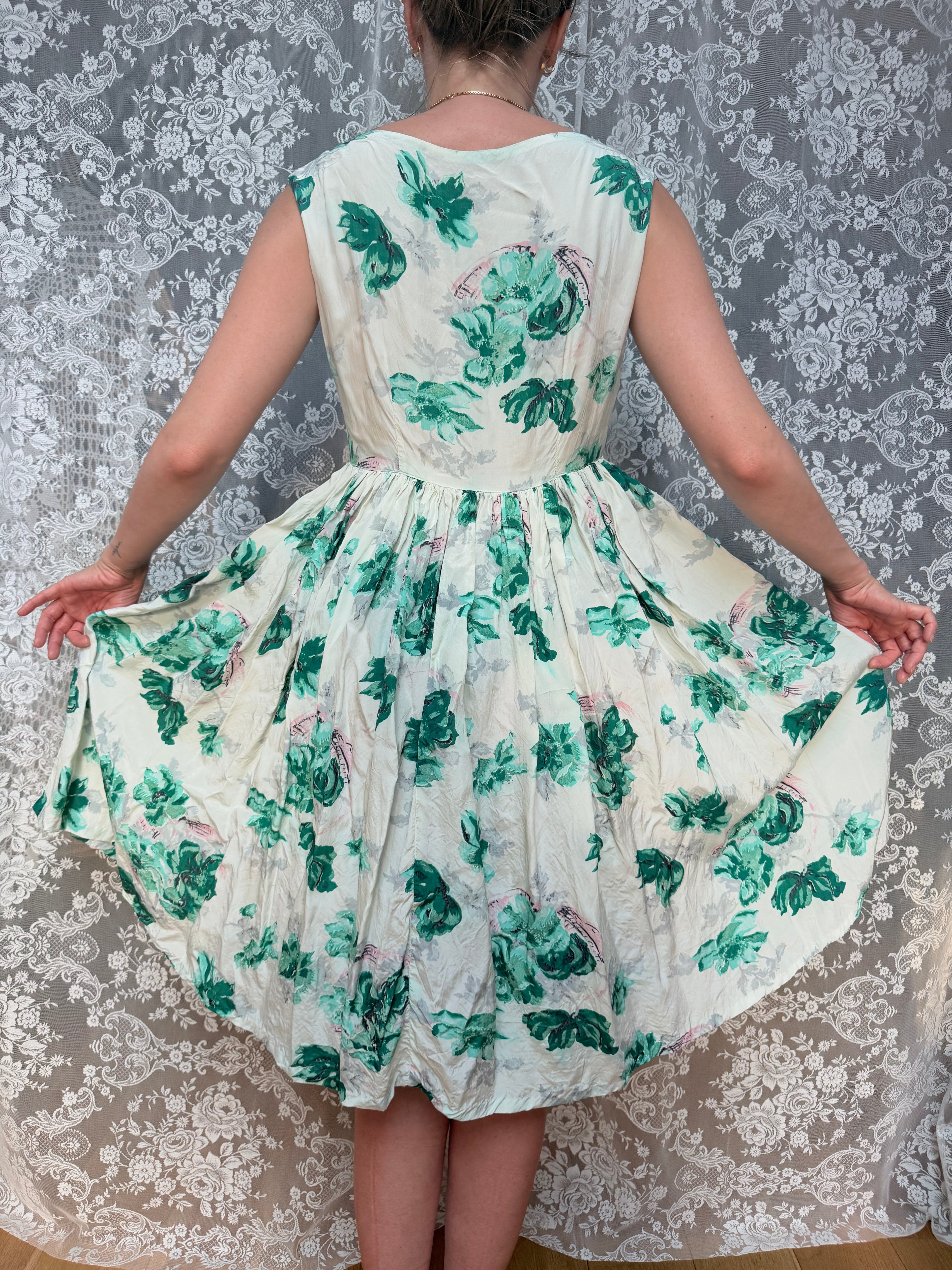 Vintage 1950s Handmade Green Floral Swing Dress