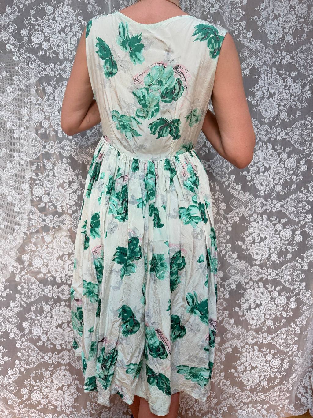 Vintage 1950s Handmade Green Floral Swing Dress
