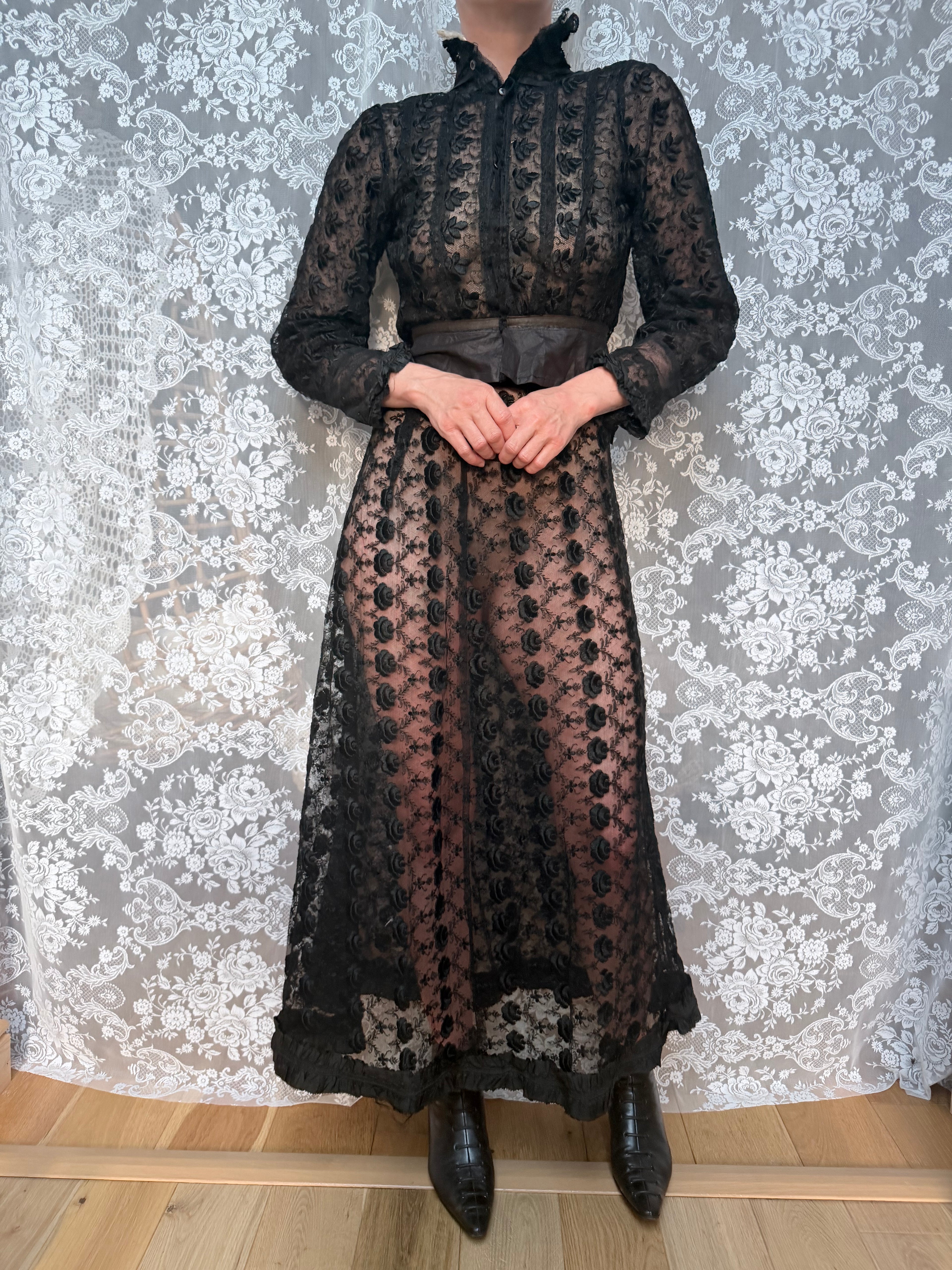 Antique 1890s–1910s Black Lace Two-Piece Gothic Peplum Set