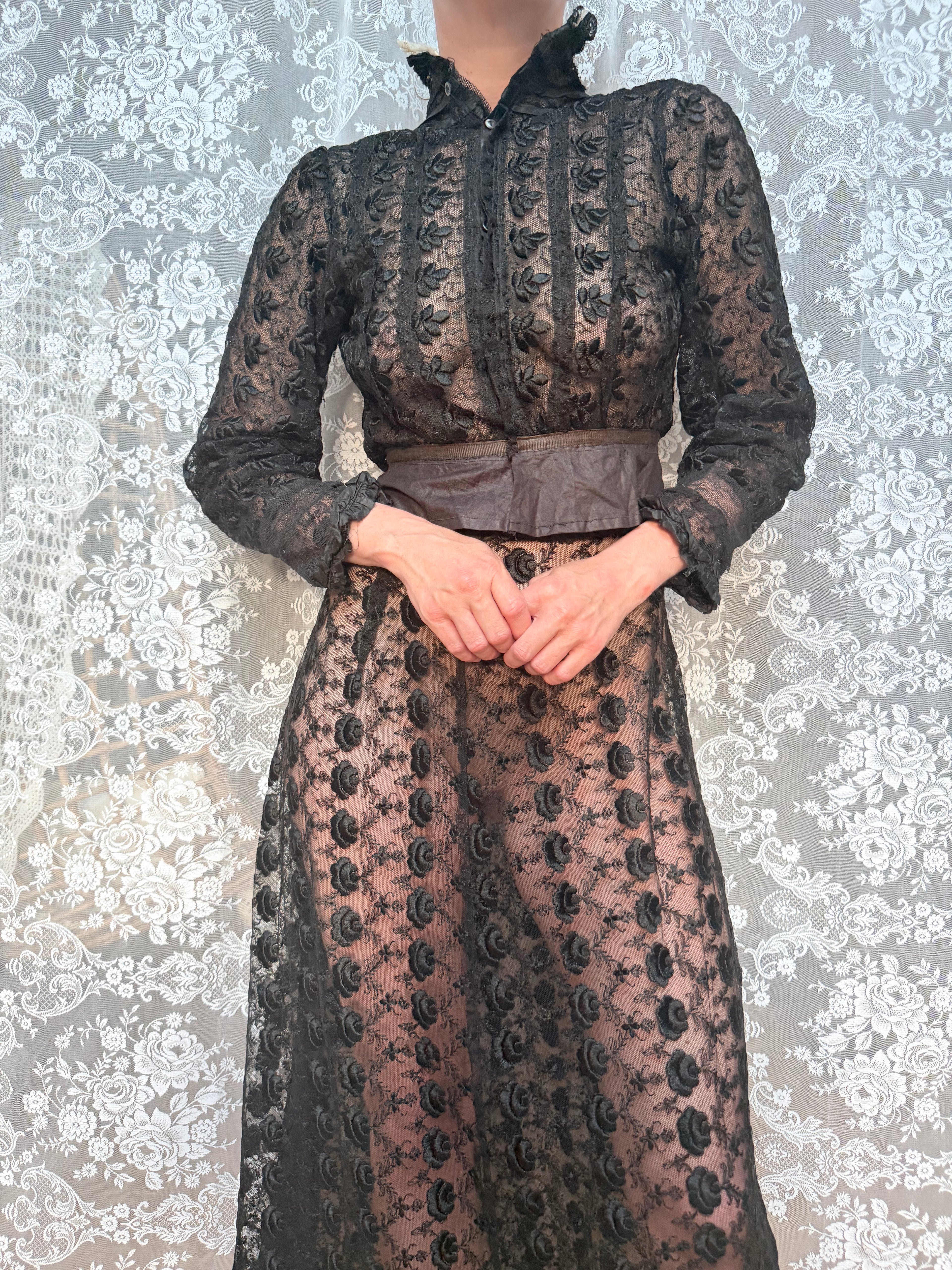Antique 1890s–1910s Black Lace Two-Piece Gothic Peplum Set