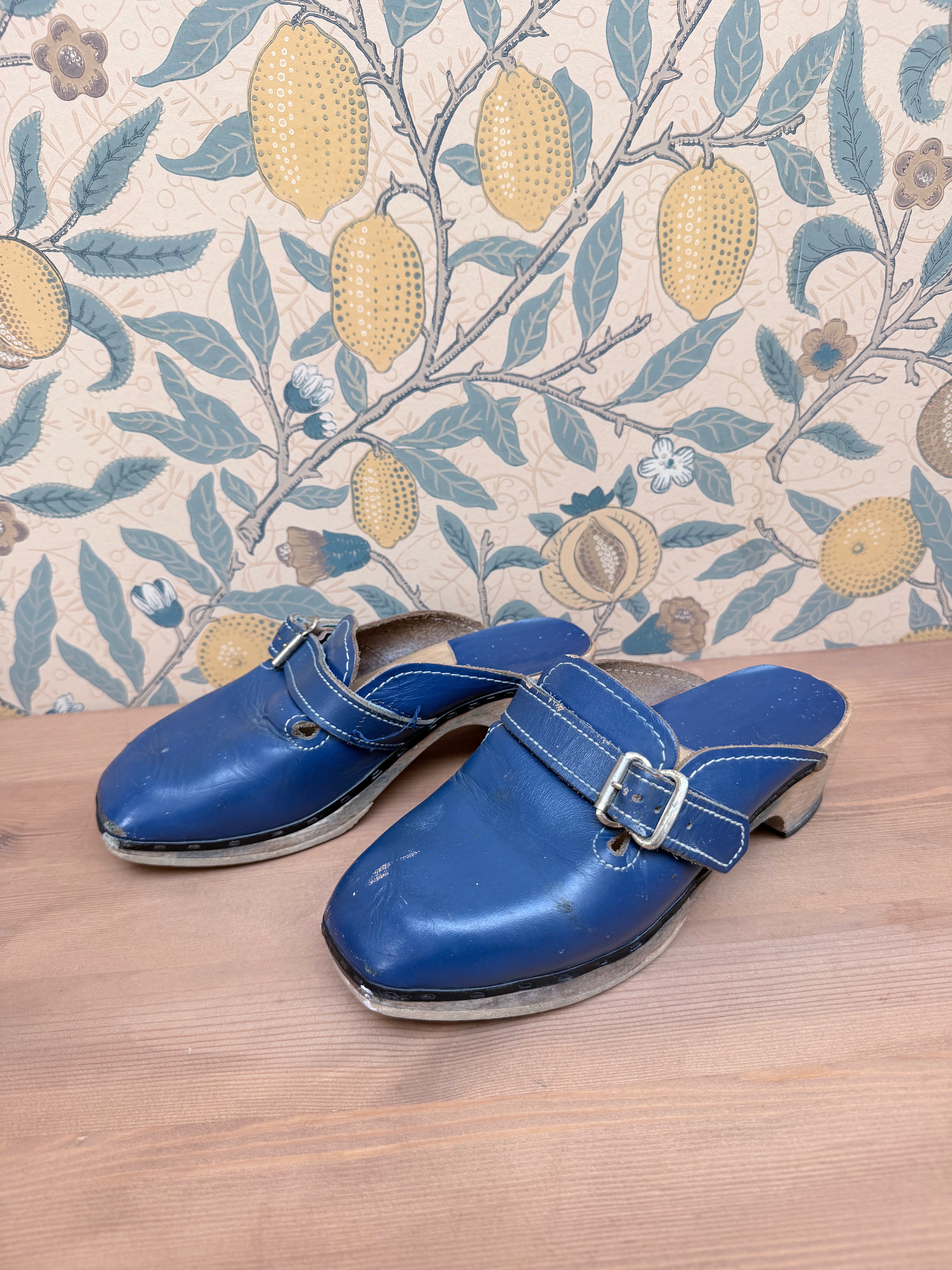 Beautiful Authentic Vintage 1970s Blue Leather and Wood Clogs