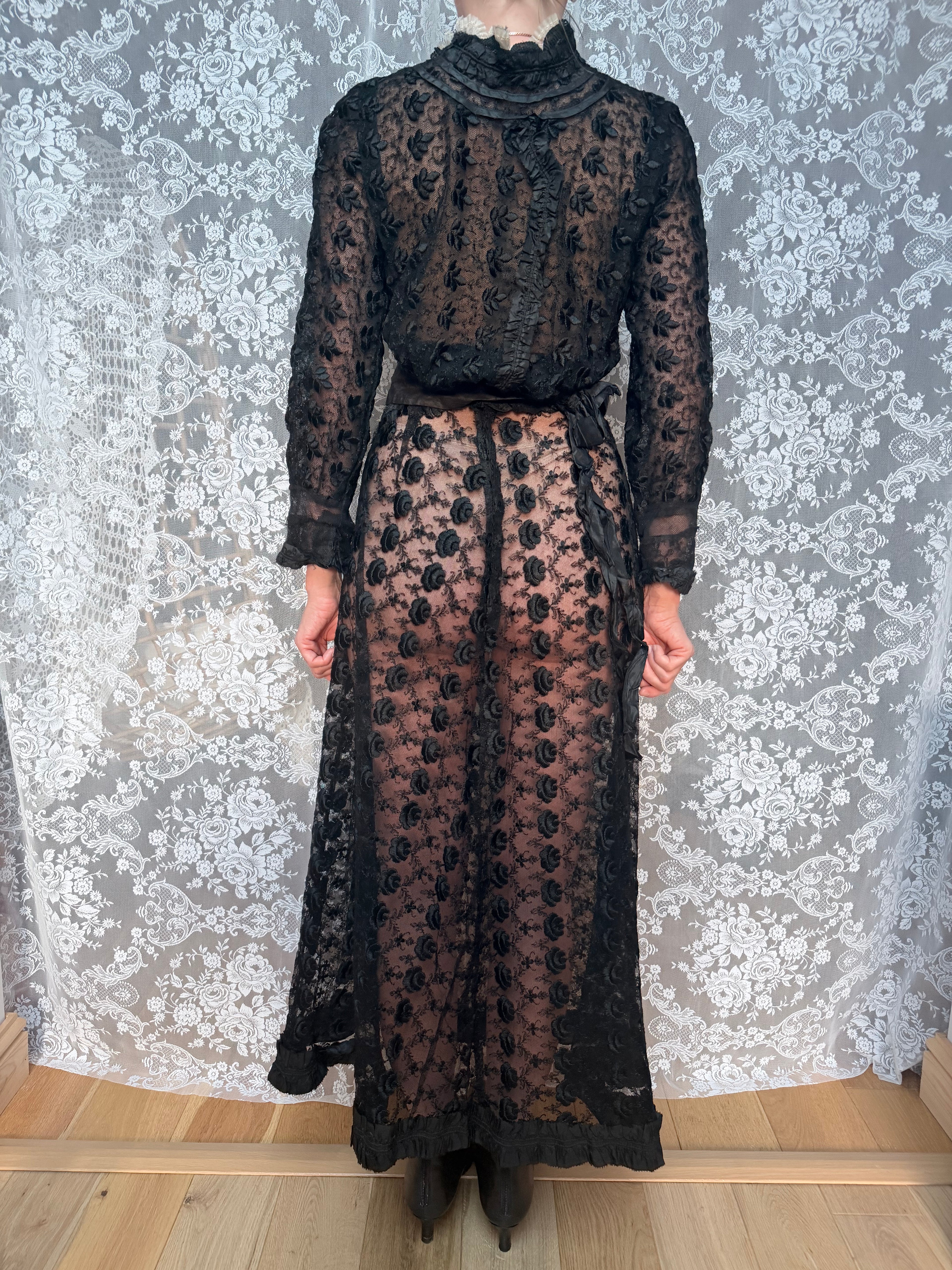 Antique 1890s–1910s Black Lace Two-Piece Gothic Peplum Set