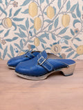 Beautiful Authentic Vintage 1970s Blue Leather and Wood Clogs