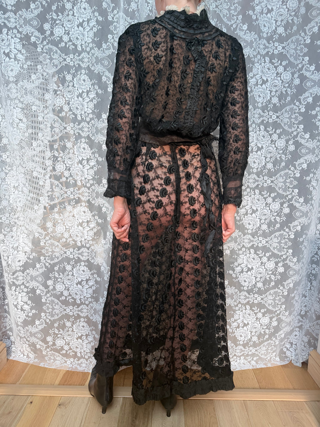Antique 1890s–1910s Black Lace Two-Piece Gothic Peplum Set