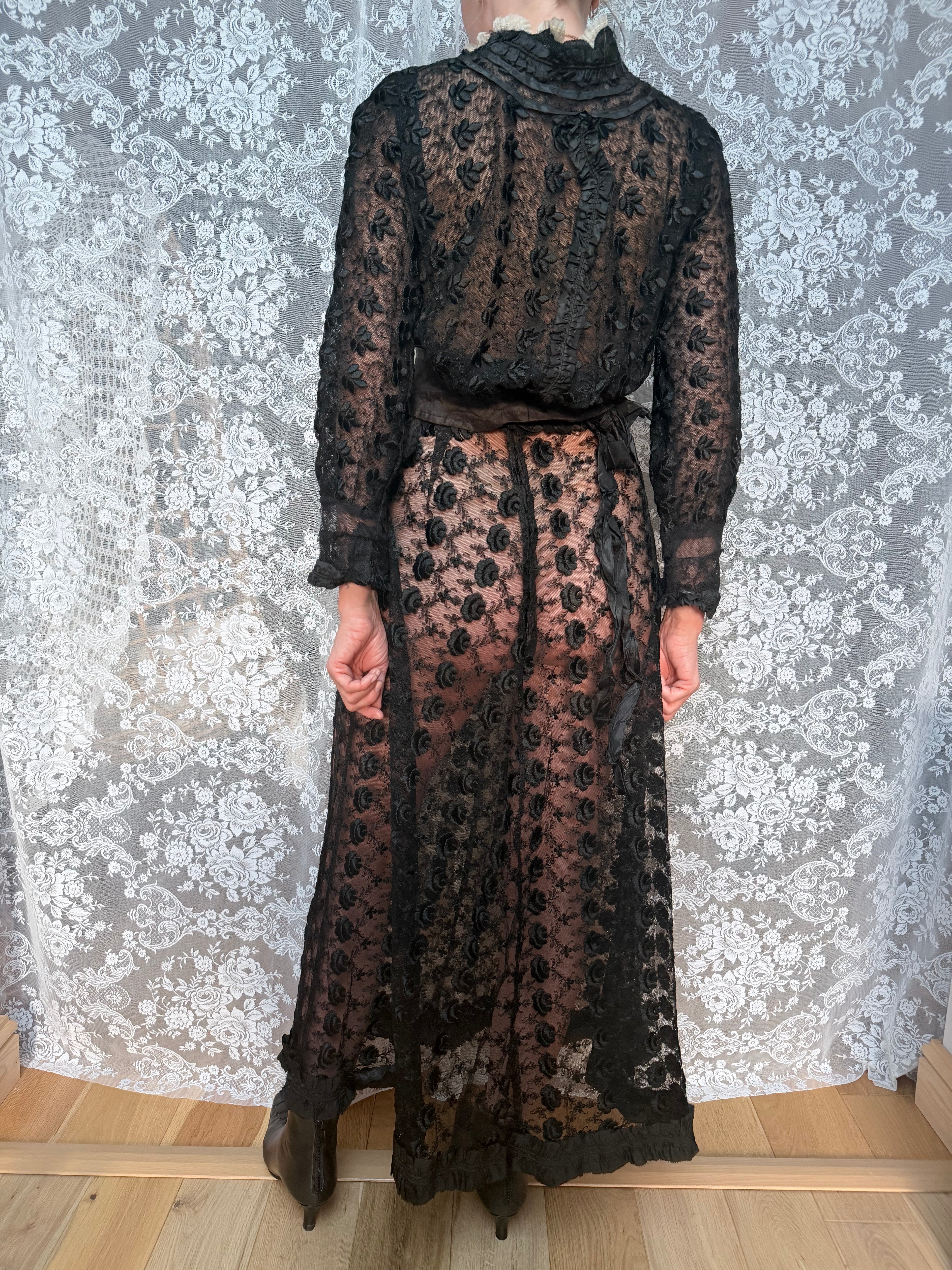 Antique 1890s–1910s Black Lace Two-Piece Gothic Peplum Set