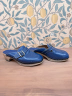 Beautiful Authentic Vintage 1970s Blue Leather and Wood Clogs