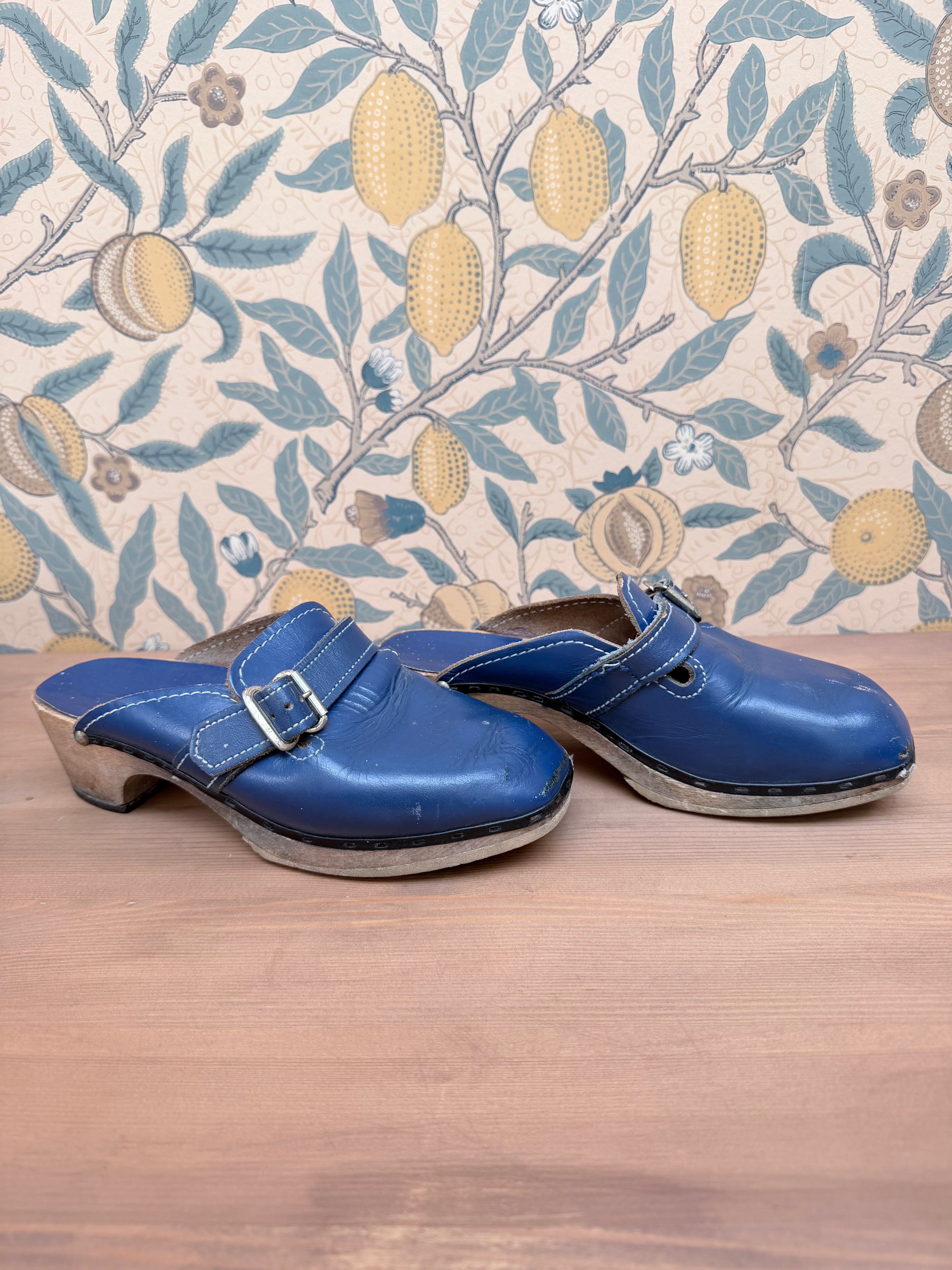 Beautiful Authentic Vintage 1970s Blue Leather and Wood Clogs