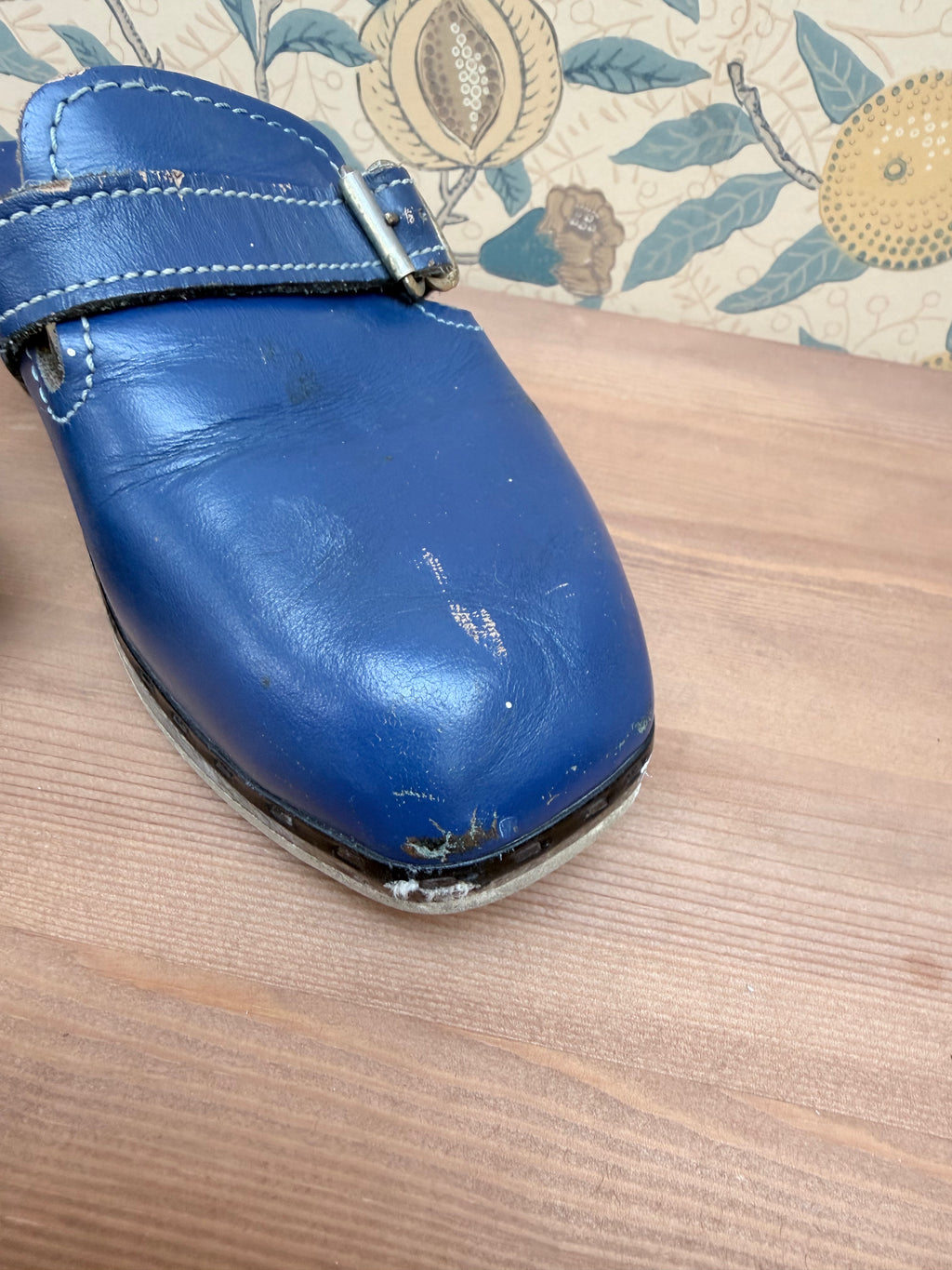 Beautiful Authentic Vintage 1970s Blue Leather and Wood Clogs