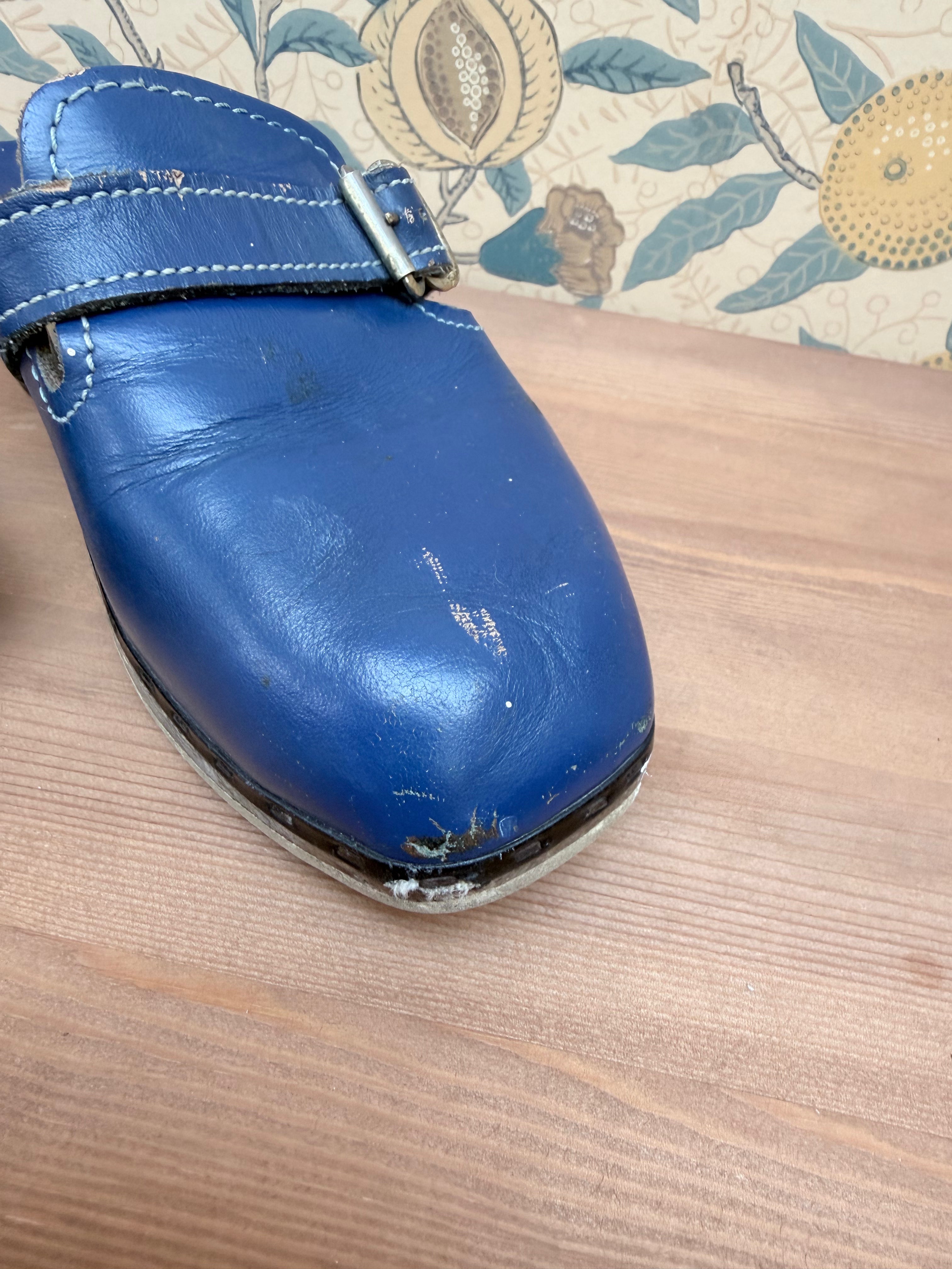 Beautiful Authentic Vintage 1970s Blue Leather and Wood Clogs