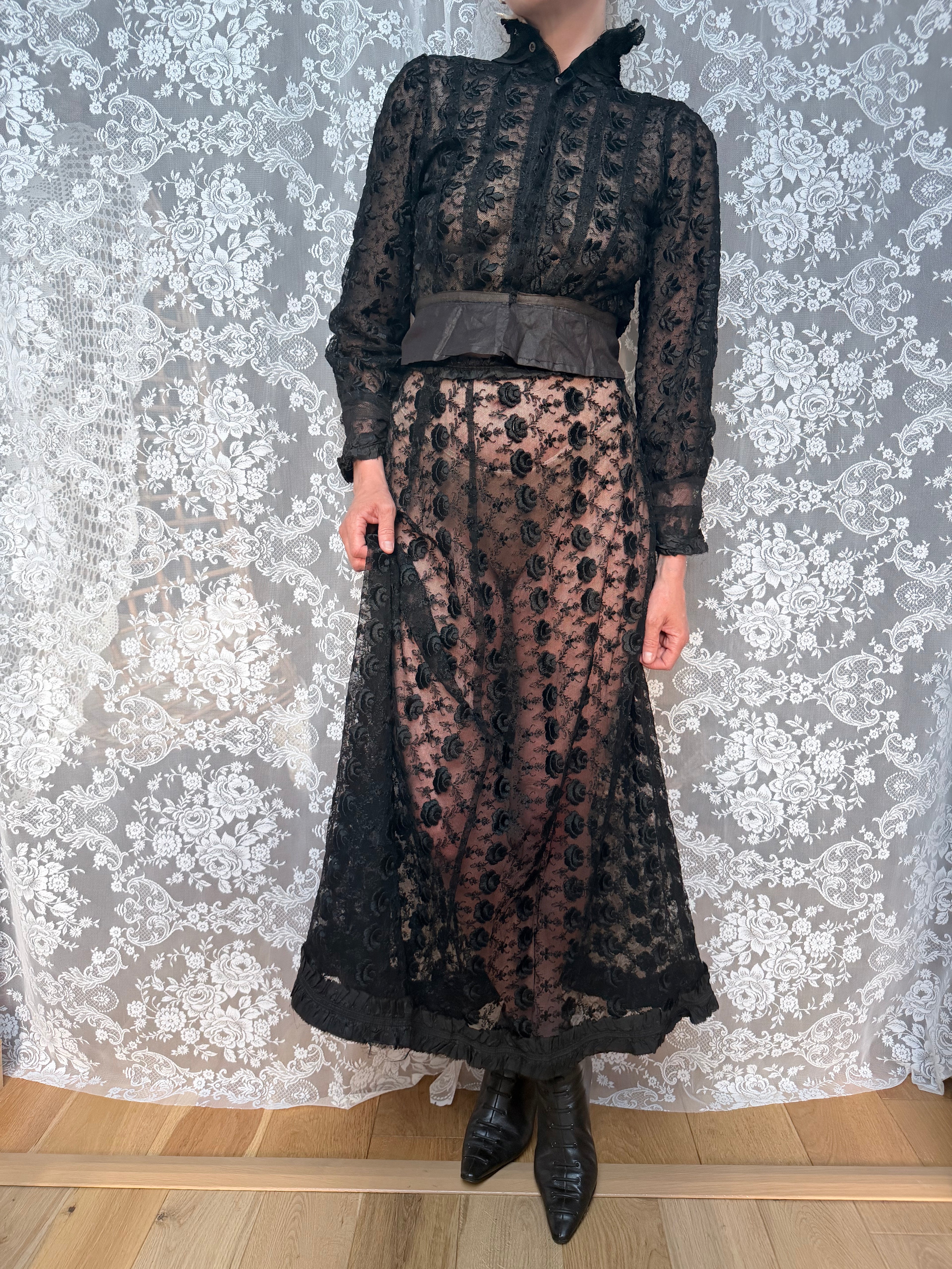Antique 1890s–1910s Black Lace Two-Piece Gothic Peplum Set