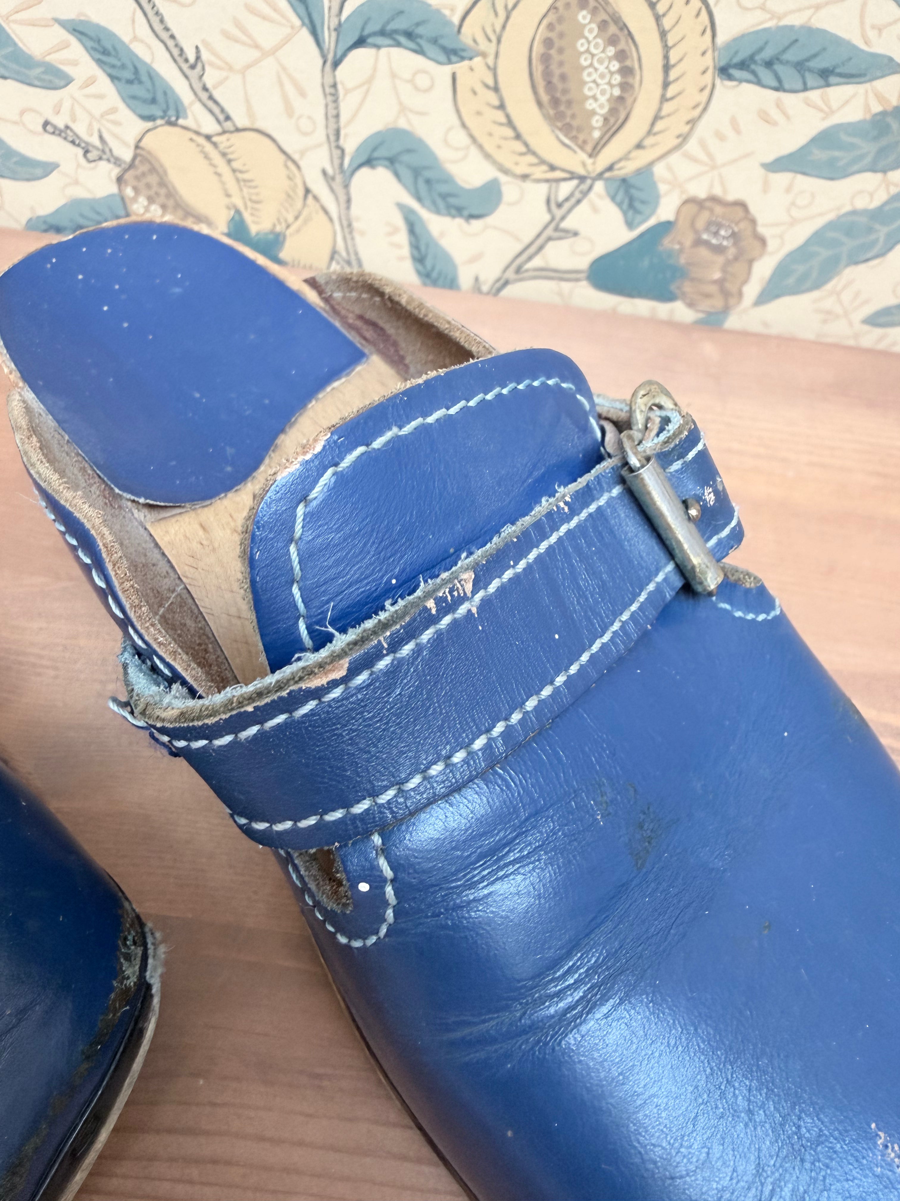 Beautiful Authentic Vintage 1970s Blue Leather and Wood Clogs