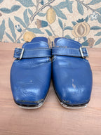 Beautiful Authentic Vintage 1970s Blue Leather and Wood Clogs