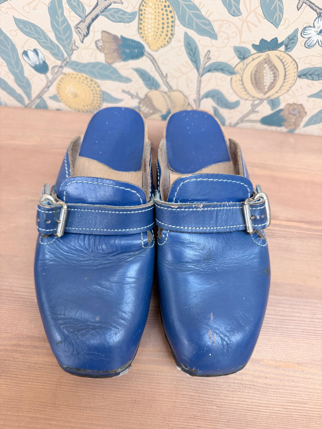 Beautiful Authentic Vintage 1970s Blue Leather and Wood Clogs