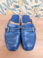 Beautiful Authentic Vintage 1970s Blue Leather and Wood Clogs