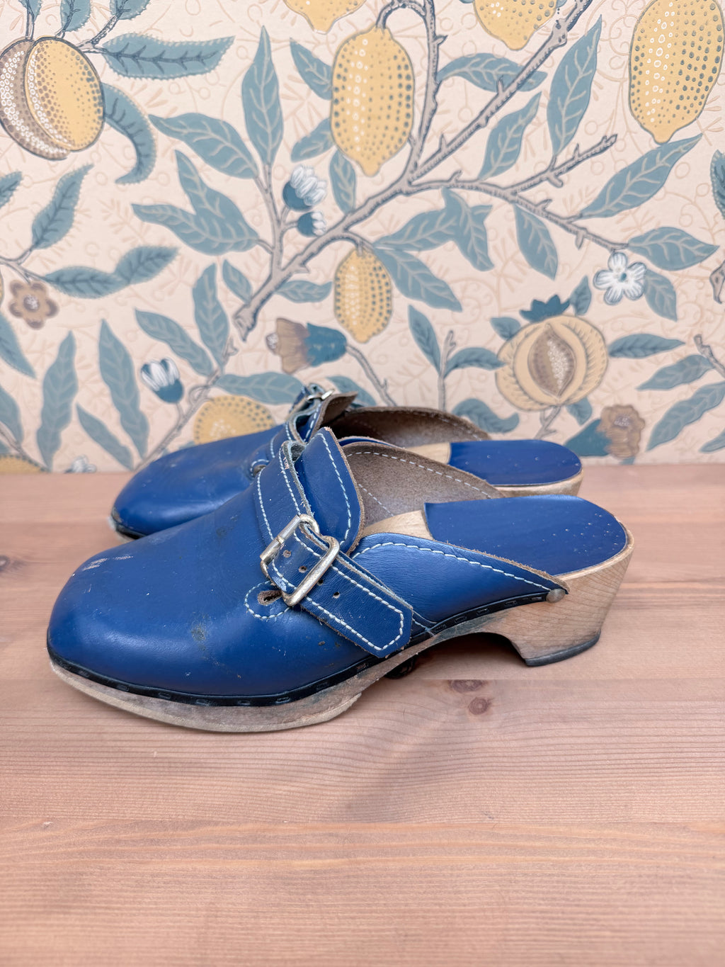 Beautiful Authentic Vintage 1970s Blue Leather and Wood Clogs