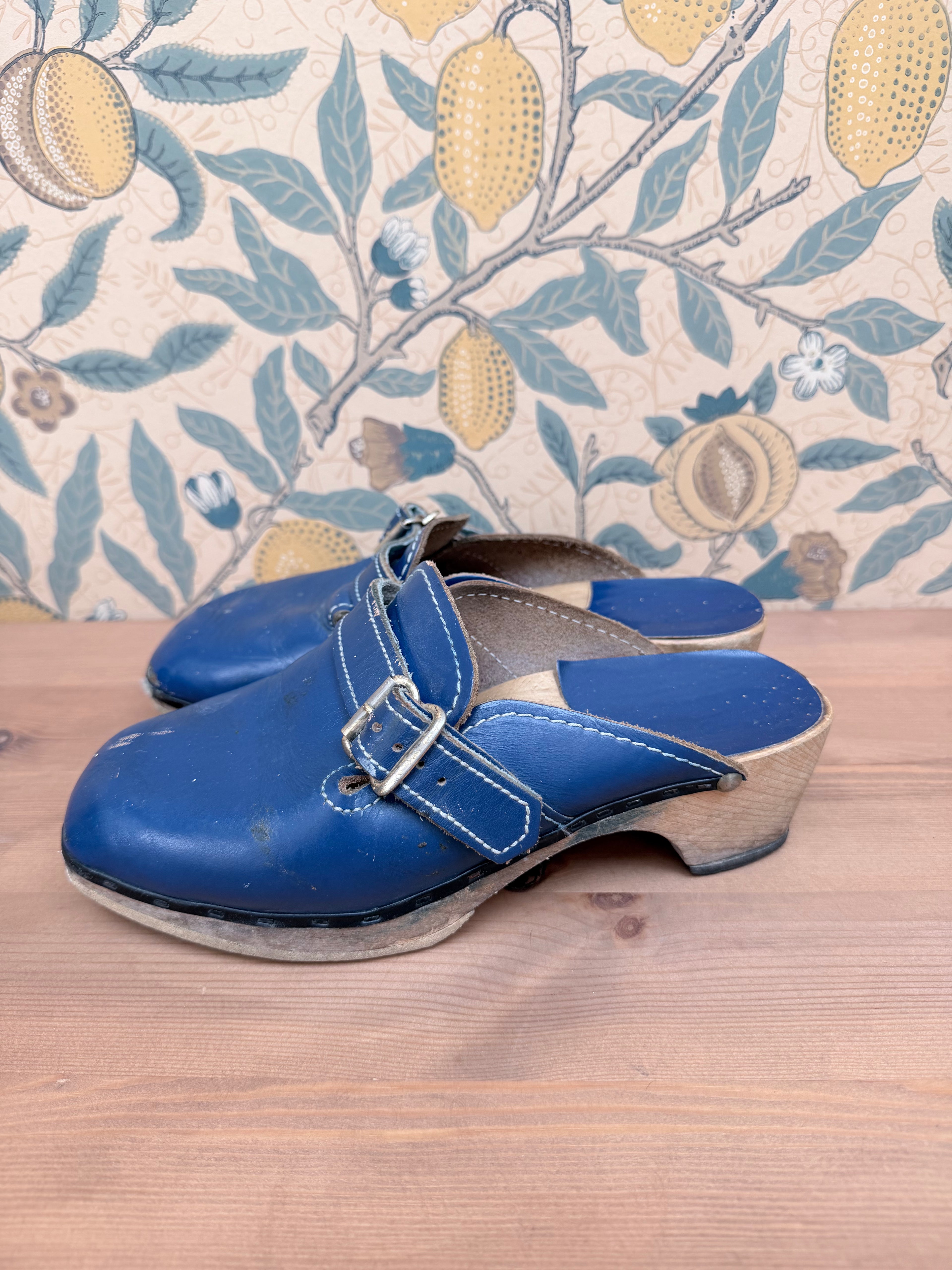 Beautiful Authentic Vintage 1970s Blue Leather and Wood Clogs